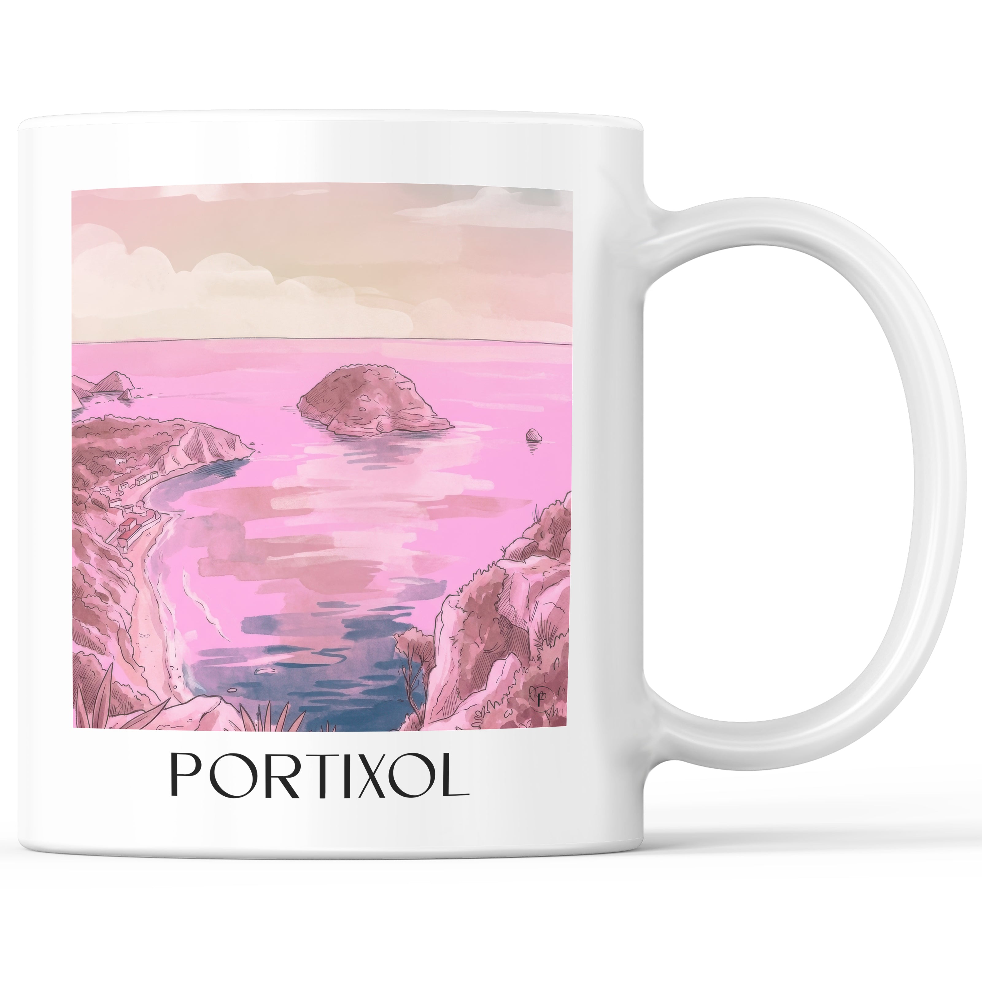 Portixol Kaffeebecher - Javea - Spanien Becher - Kaffeetasse im Aquarell Pink Stil - favplace