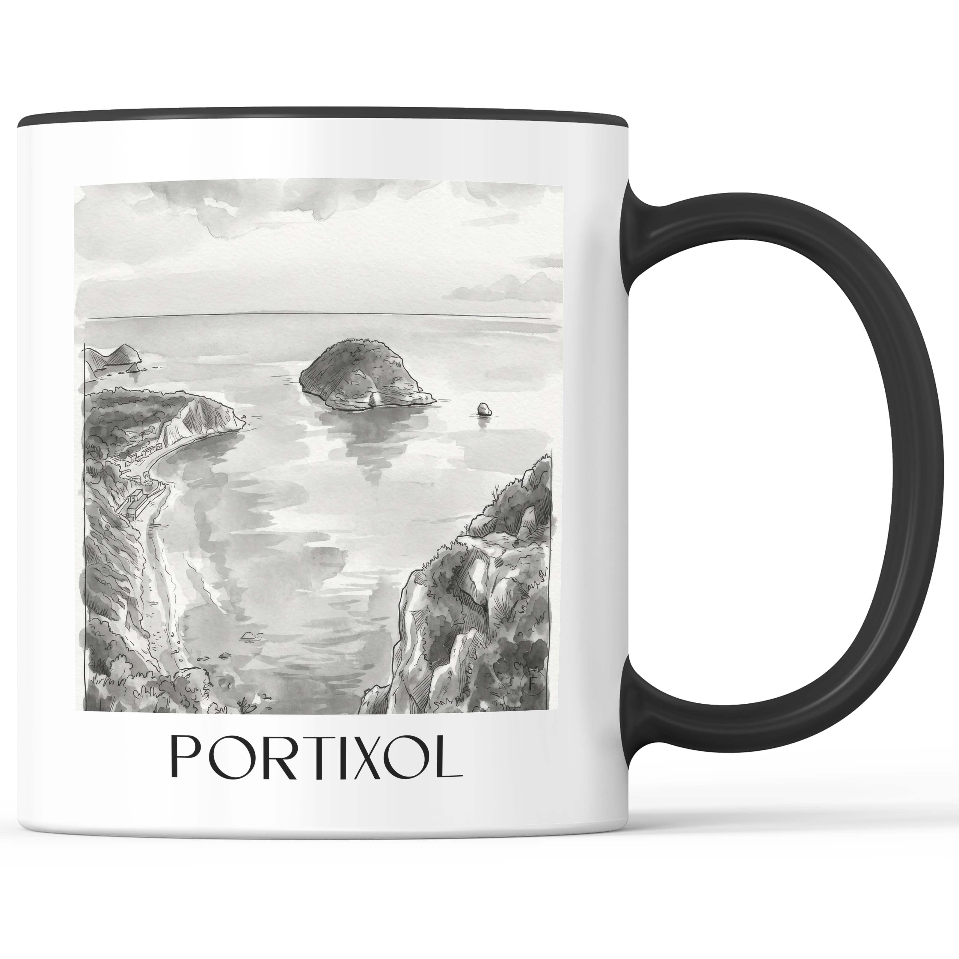 Portixol Kaffeebecher - Javea - Spanien Becher - Kaffeetasse im Aquarell Schwarz-Weiß Stil - favplace