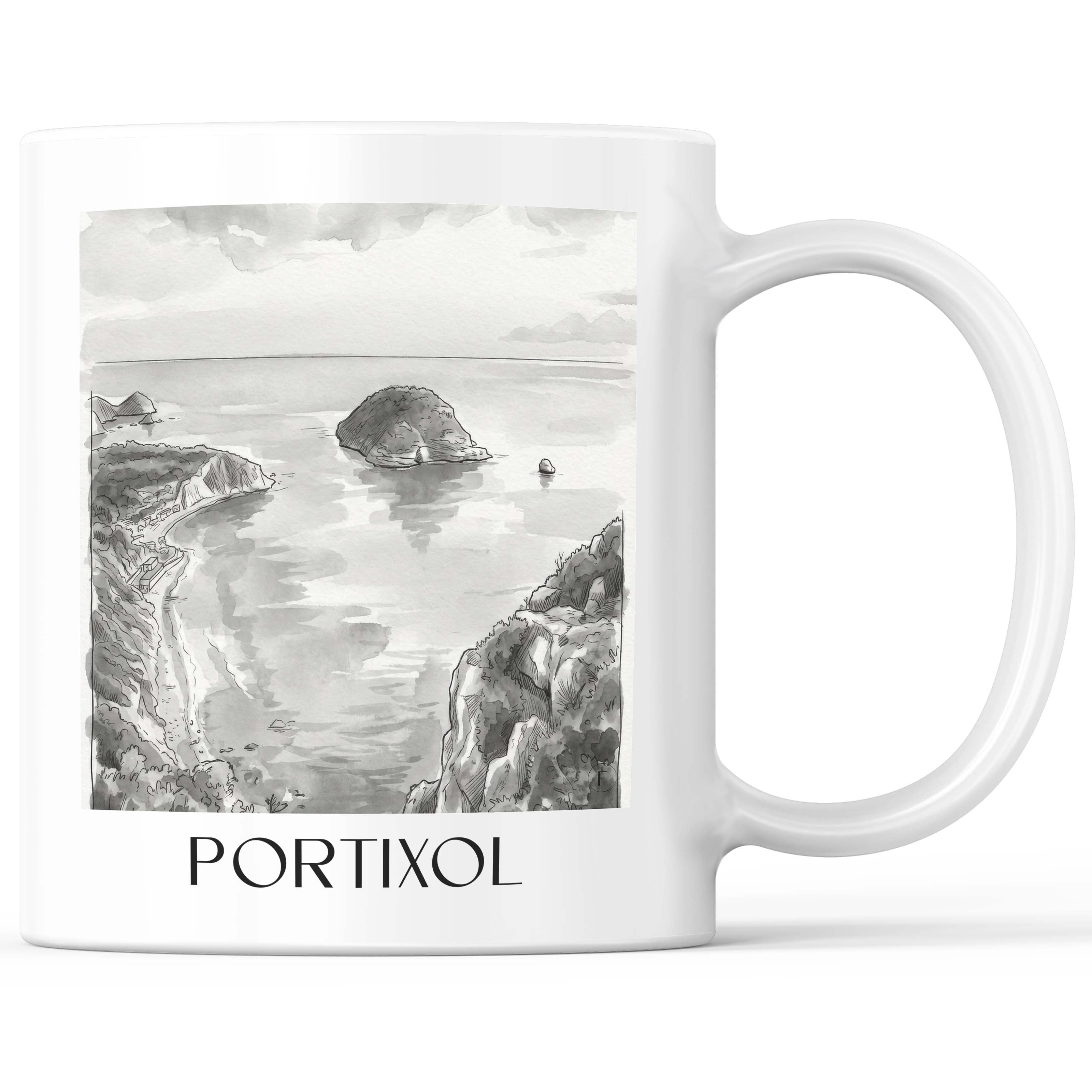 Portixol Kaffeebecher - Javea - Spanien Becher - Kaffeetasse im Aquarell Schwarz-Weiß Stil - favplace
