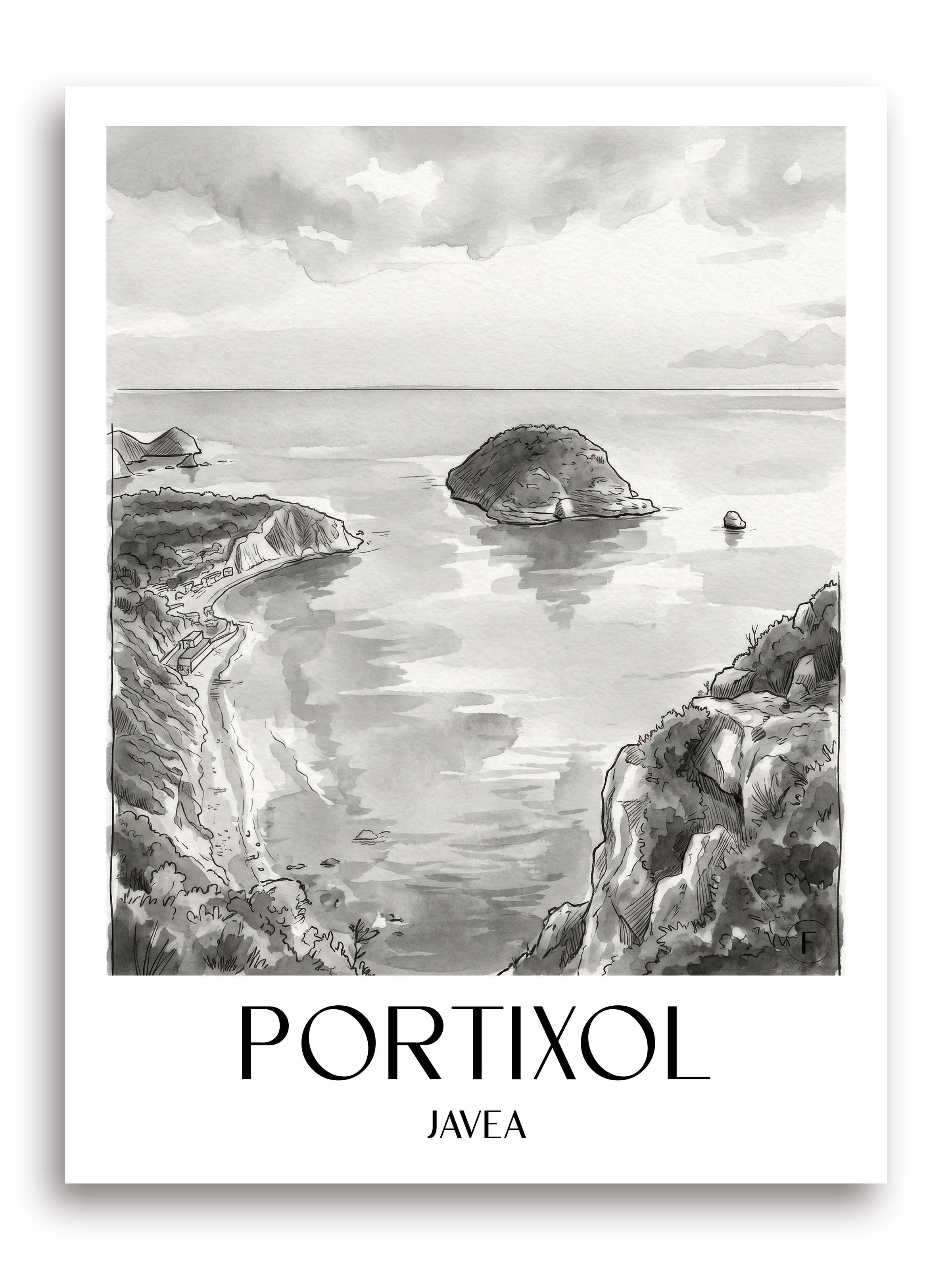 portixol--javea-spanien-poster-aquarell-schwarz-weiss
