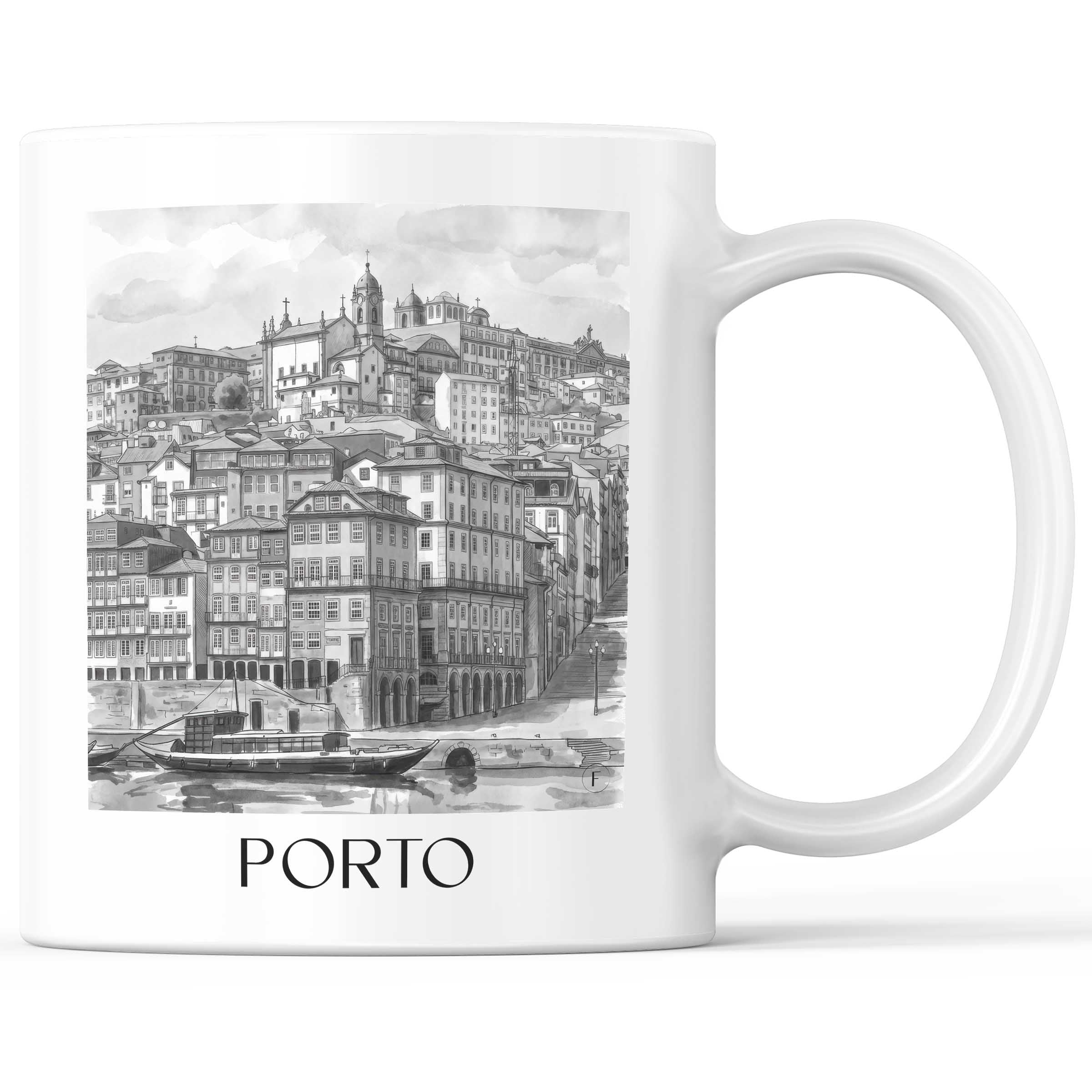 Porto - Portugal Becher - Kaffeetasse im Aquarell Schwarz-Weiß Stil - favplace