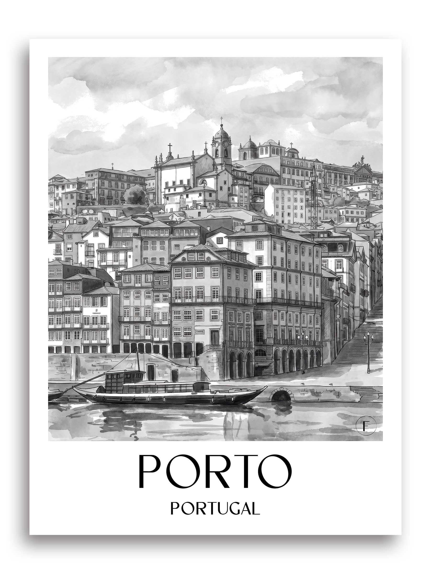 porto-portugal-poster-aquarell-schwarz-weiss