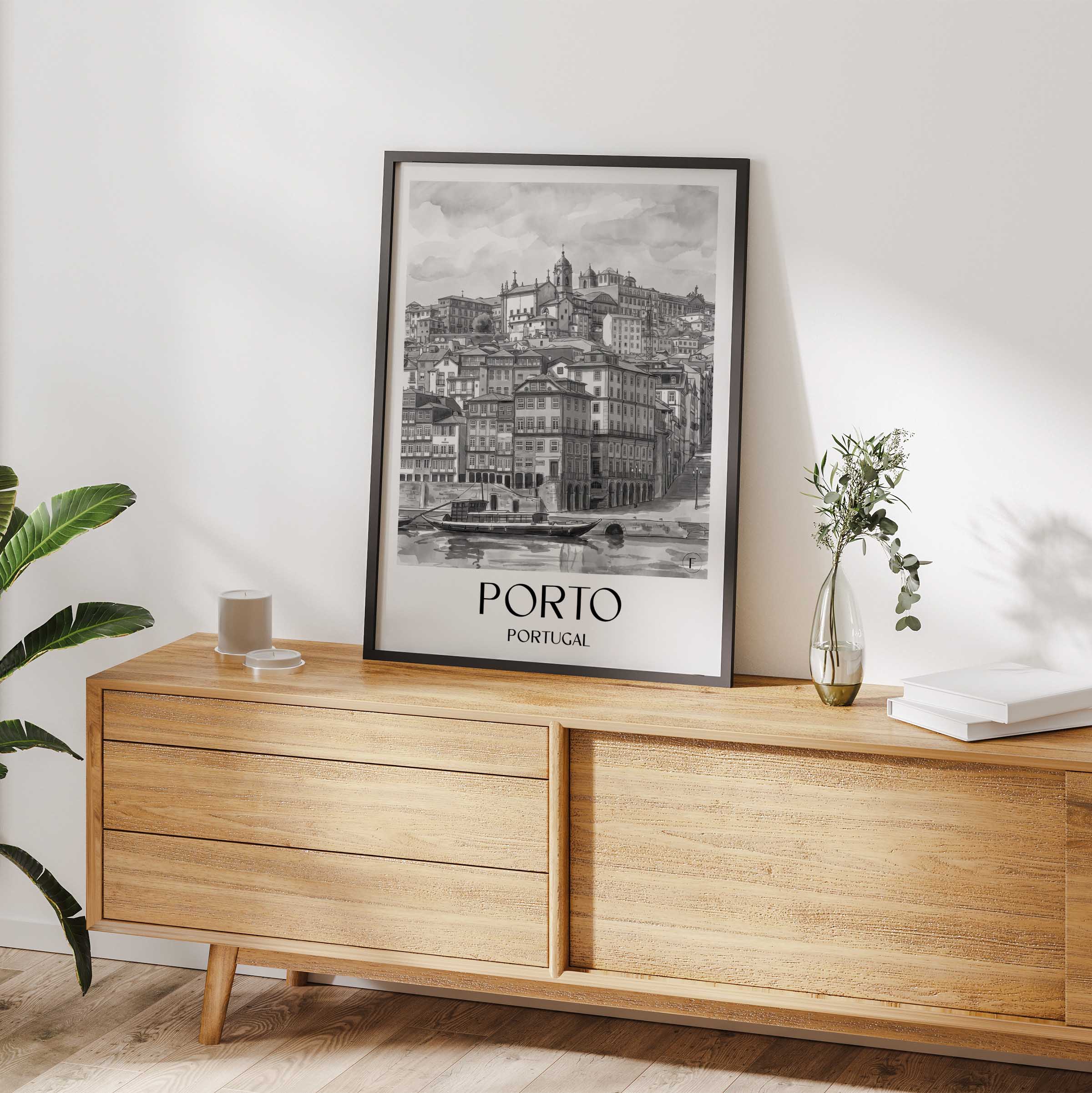 porto-portugal-poster-aquarell-schwarz-weiss