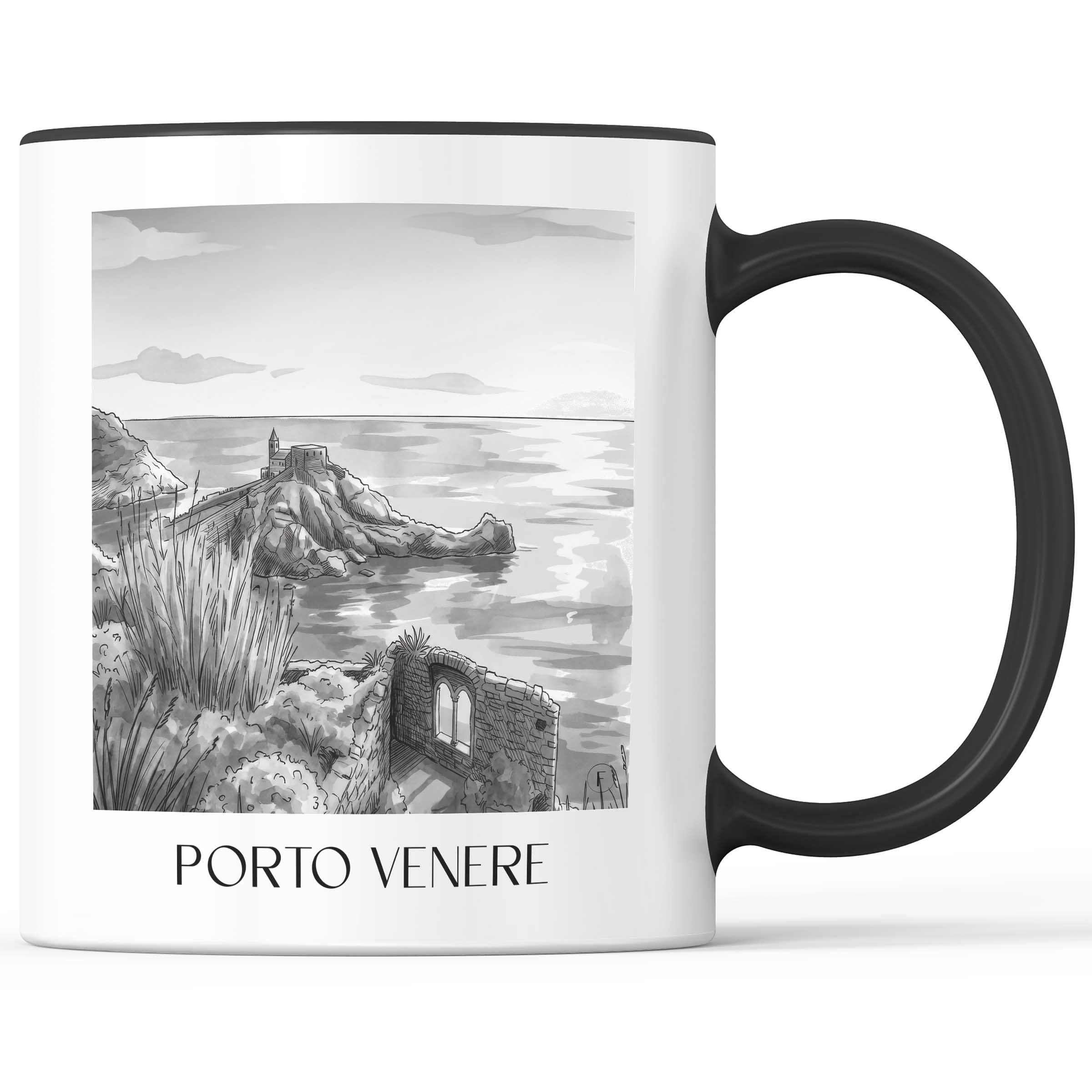 Porto Venere - Italien Becher - Kaffeetasse im Aquarell Schwarz-Weiß Stil - favplace