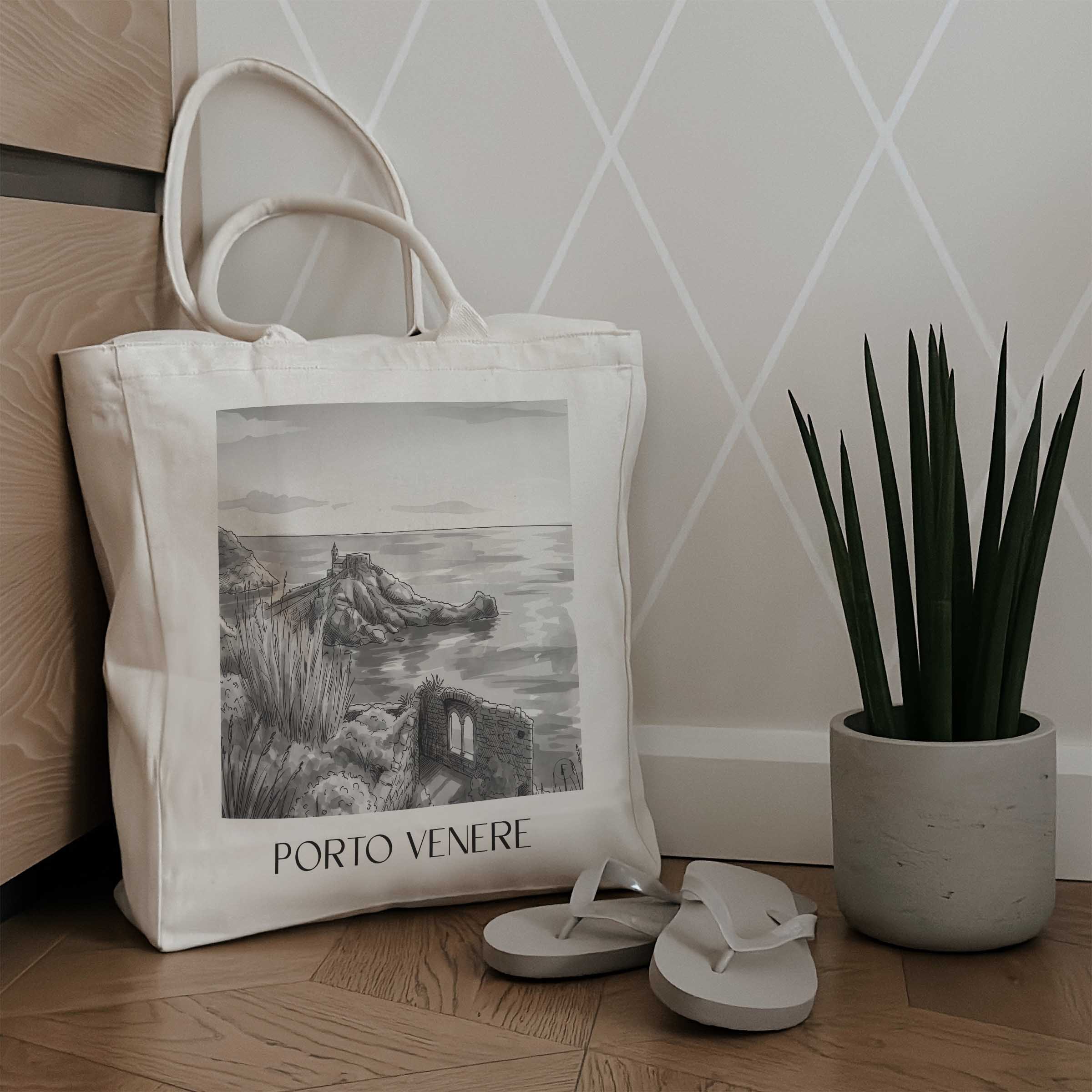 porto-venere-italien-einkaufstasche-aquarell-schwarz-weiss