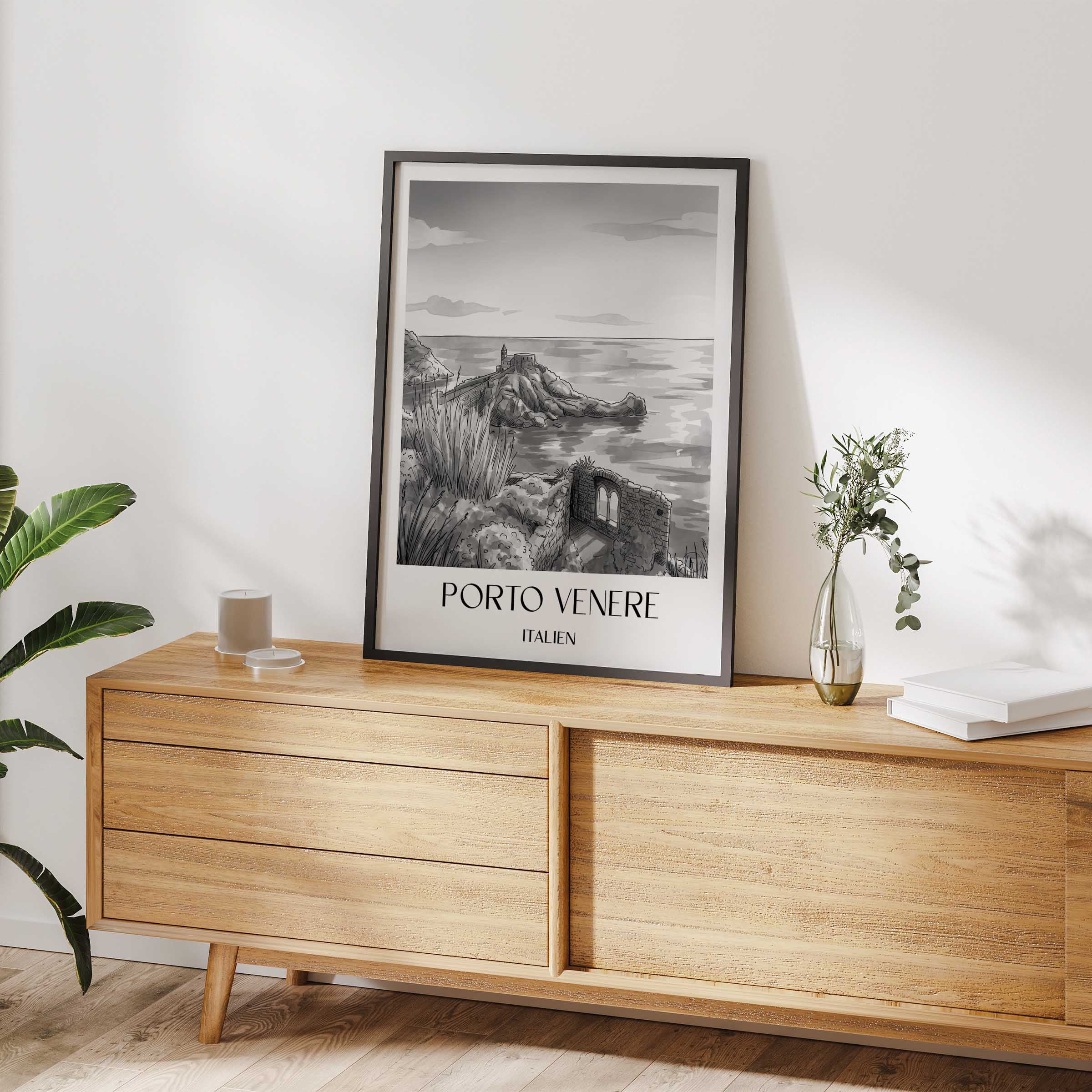 porto-venere-italien-poster-aquarell-schwarz-weiss