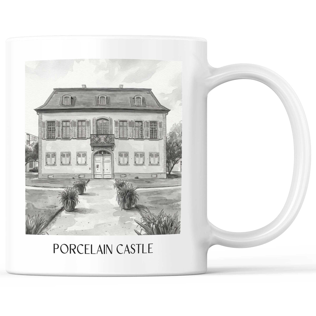 Porzellanschlößchen Kaffeebecher - Darmstadt - Deutschland Becher - Kaffeetasse im Aquarell Schwarz-Weiß Stil - favplace