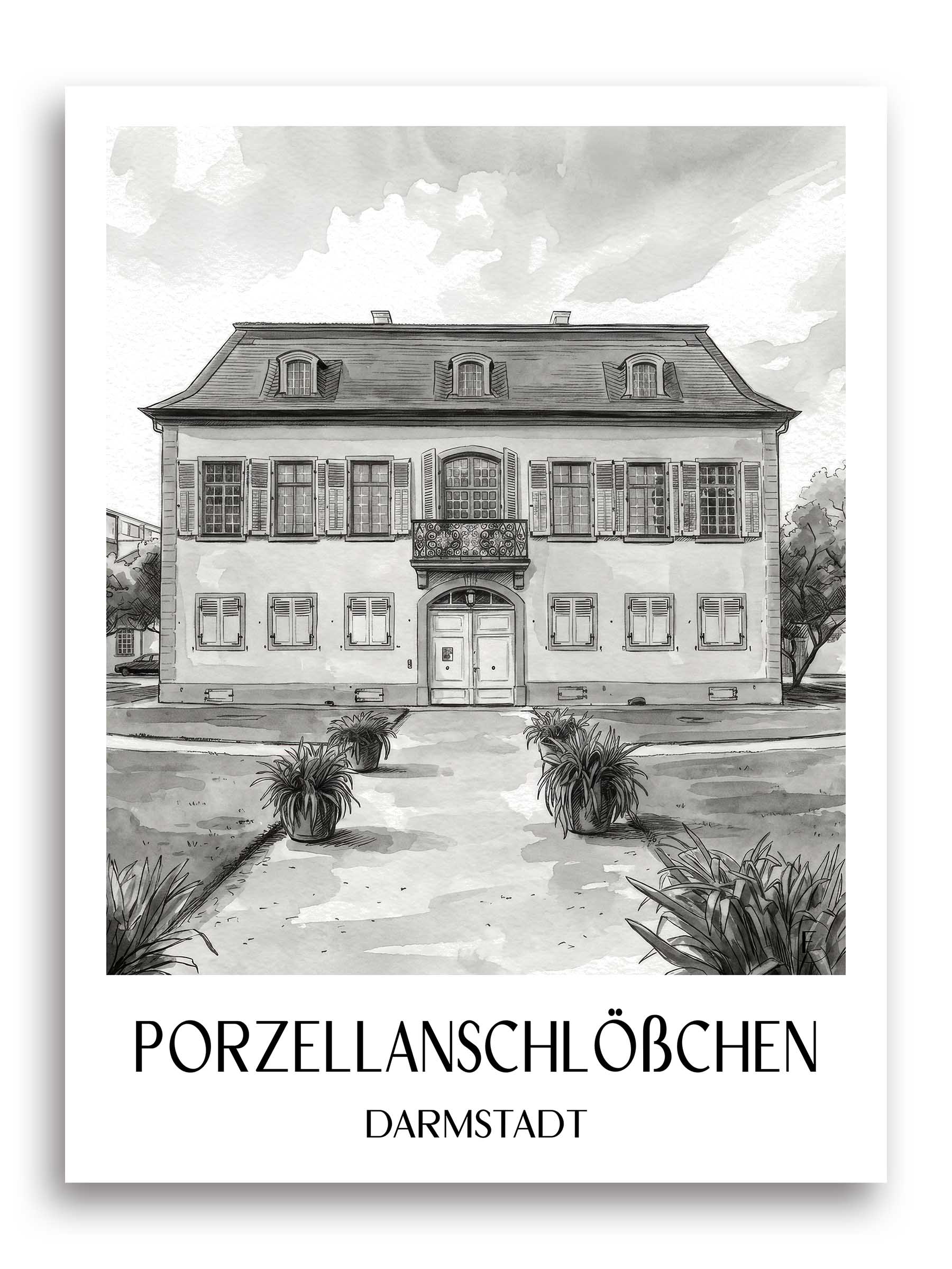 porzellanschlößchen-darmstadt-deutschland-poster-aquarell-schwarz-weiss