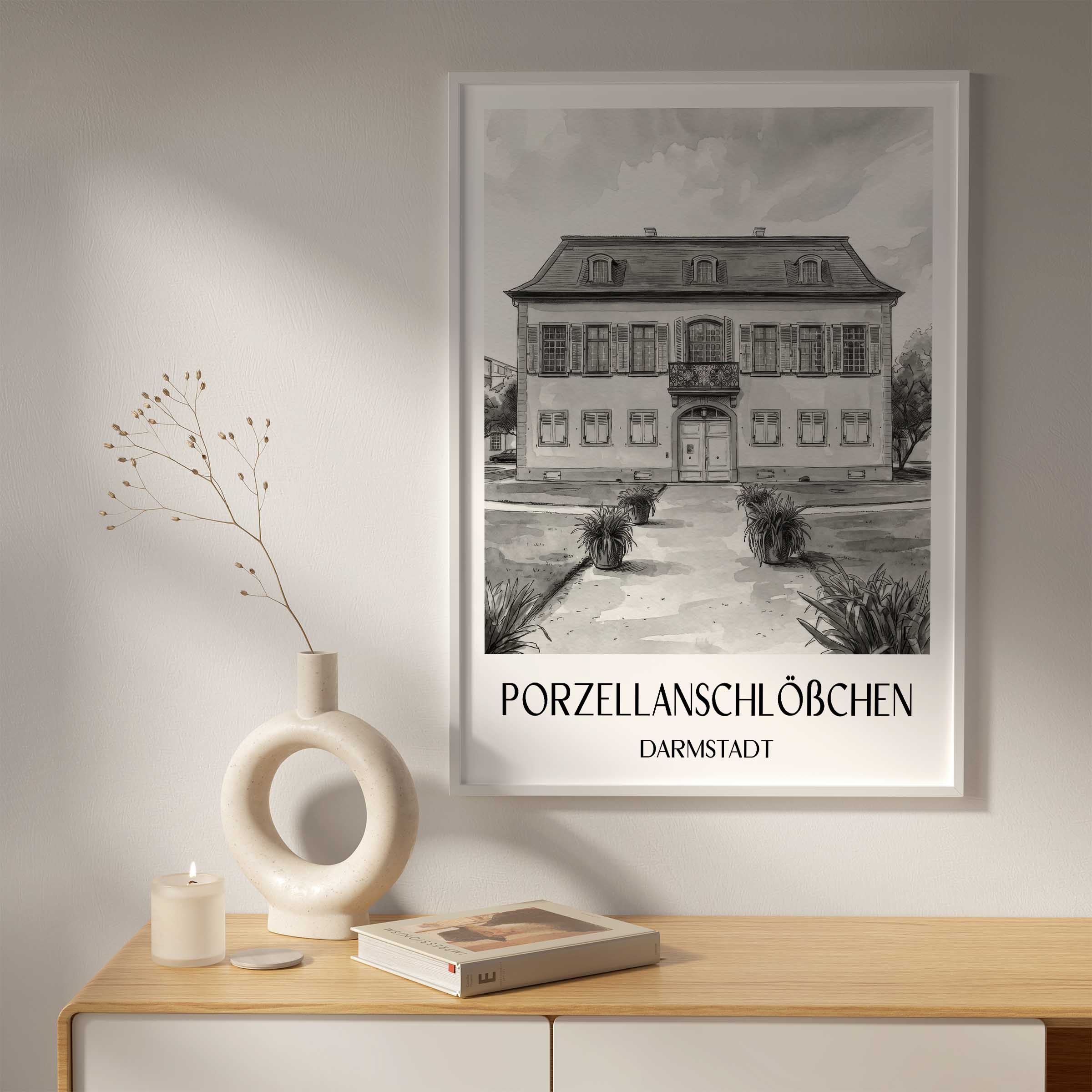 porzellanschlößchen-darmstadt-deutschland-poster-aquarell-schwarz-weiss