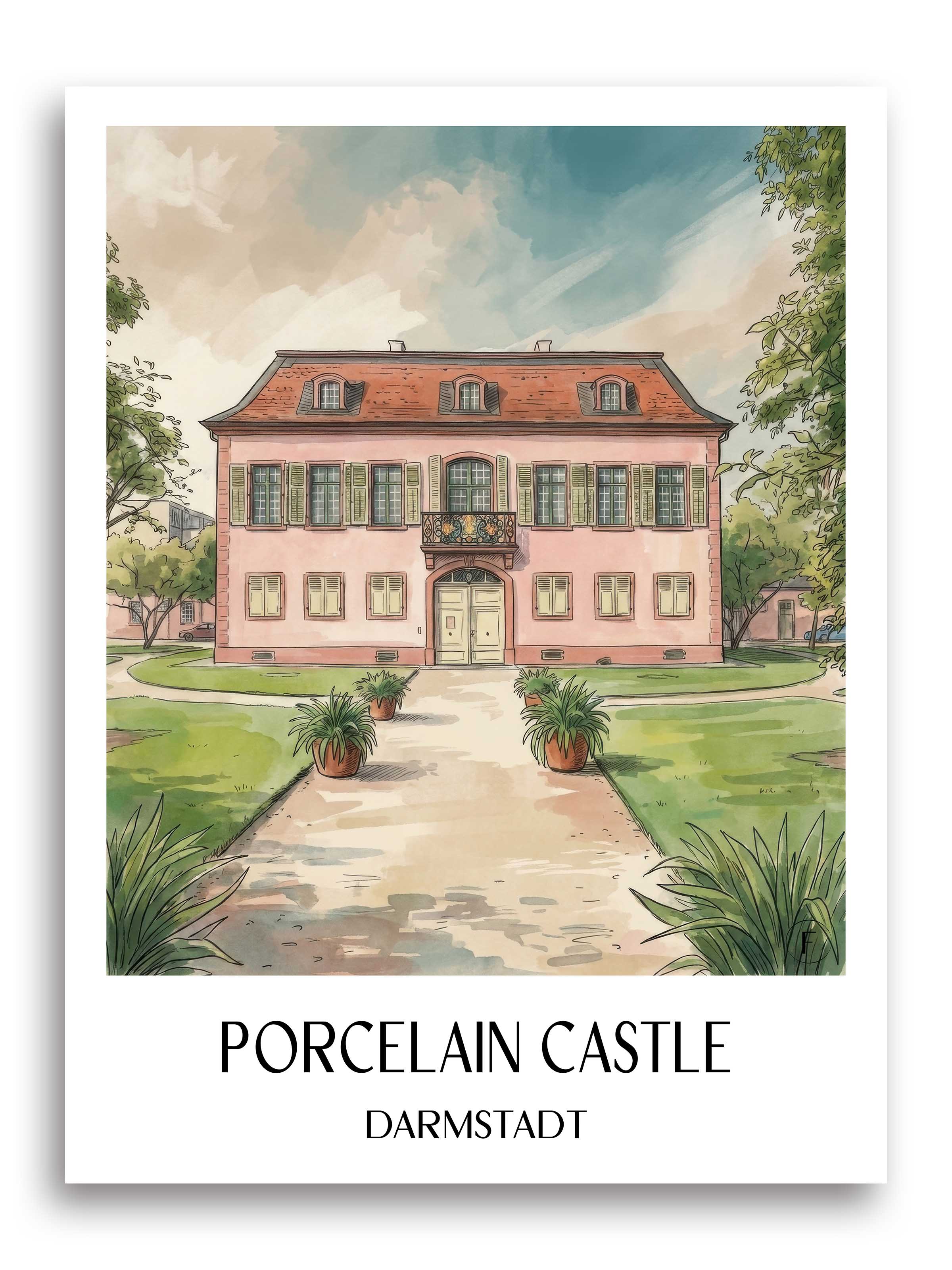 Porzellanschlößchen Poster - Darmstadt - Deutschland Kunstdruck - Aquarell von A4 bis A1 - favplace