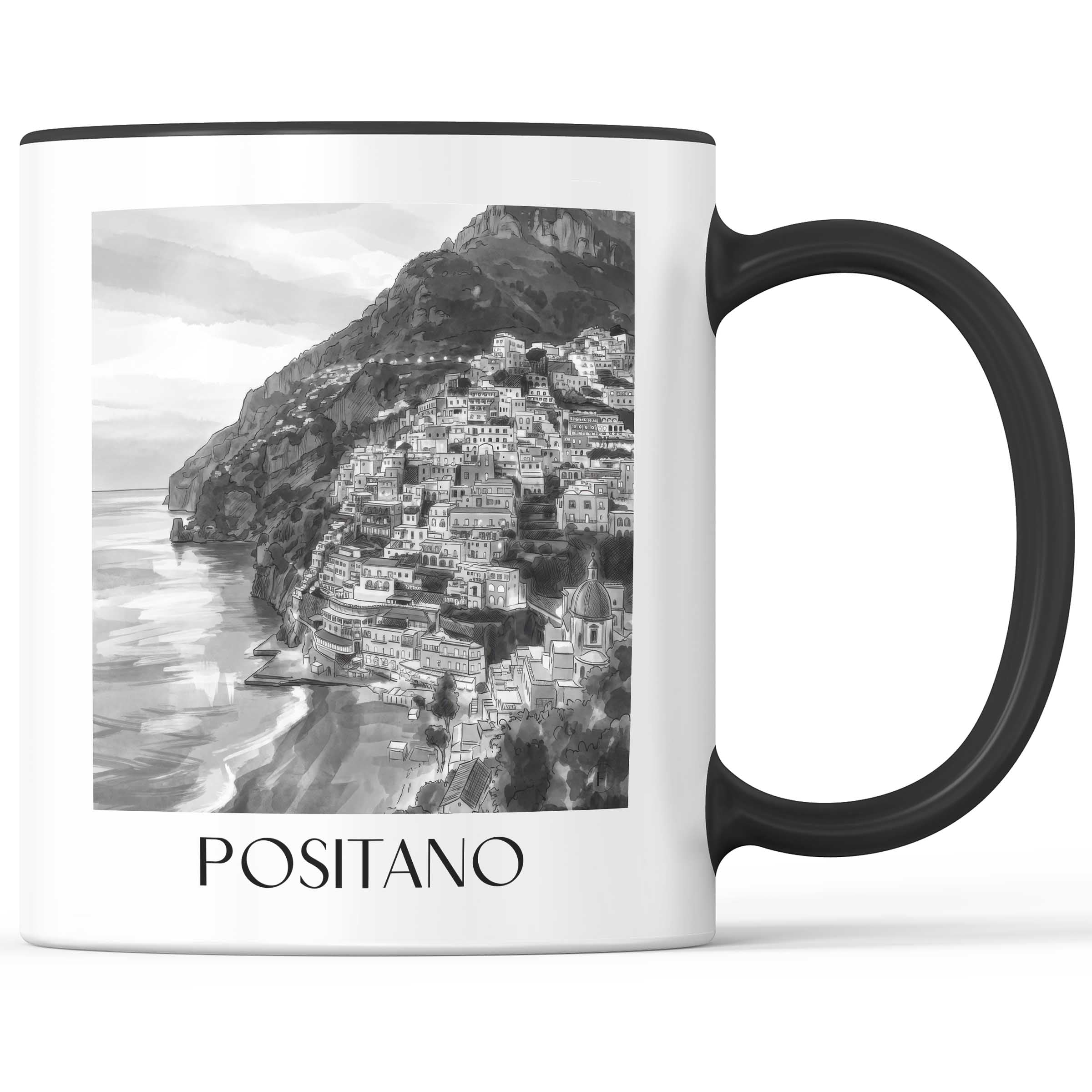 positano-amalfi-küste-italien-kaffeebecher-aquarell-schwarz-weiss