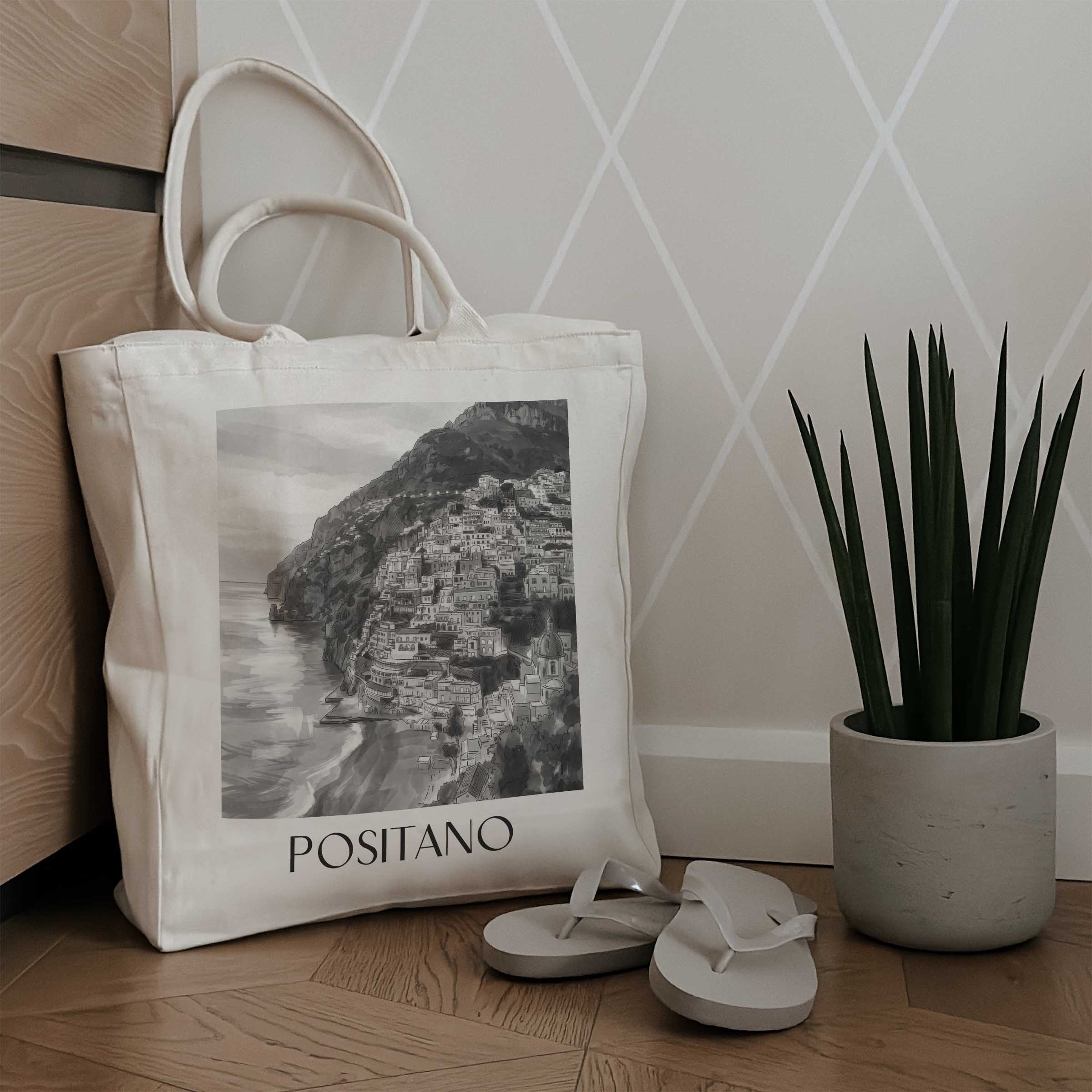 positano-amalfi-küste-italien-einkaufstasche-aquarell-schwarz-weiss
