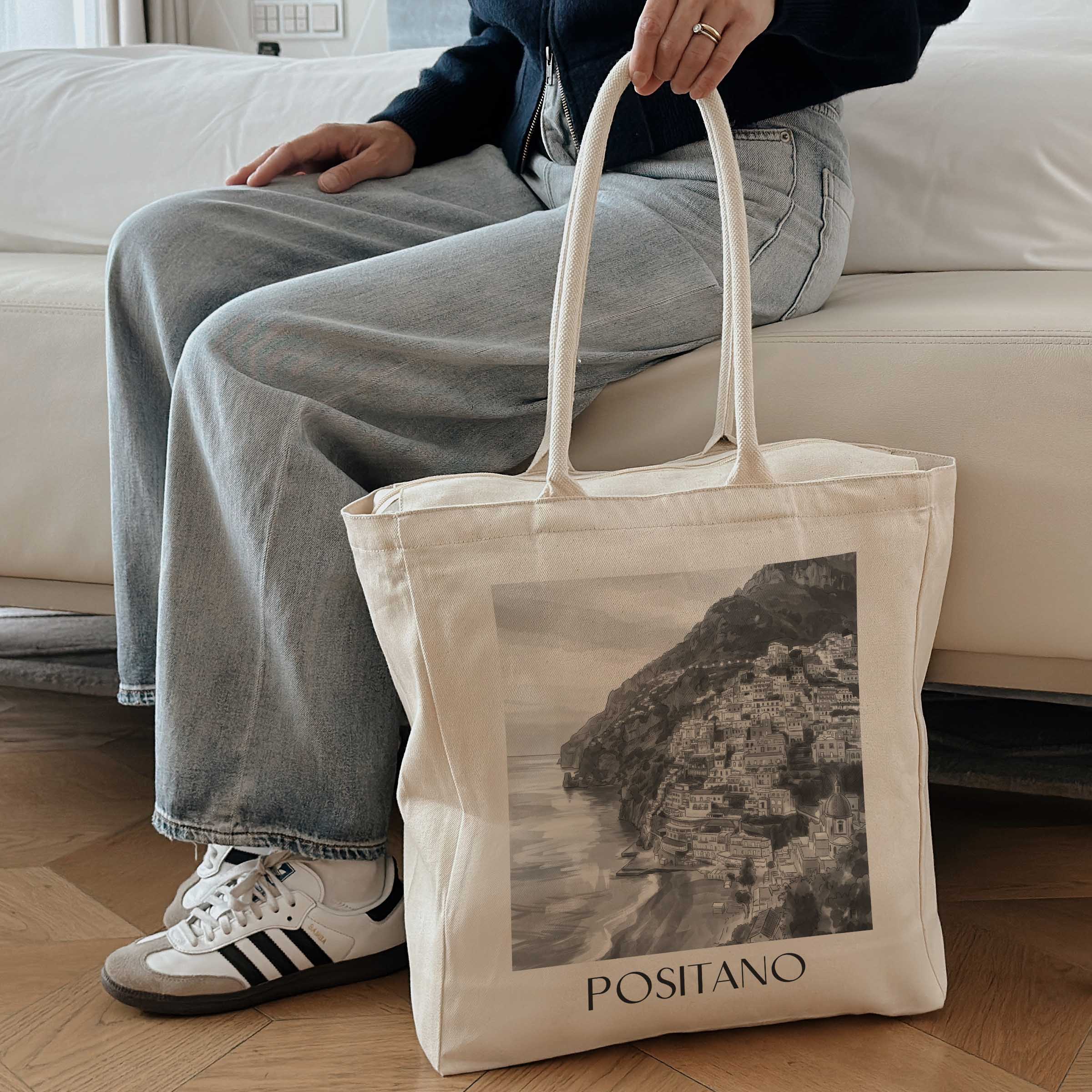 positano-amalfi-küste-italien-einkaufstasche-aquarell-schwarz-weiss