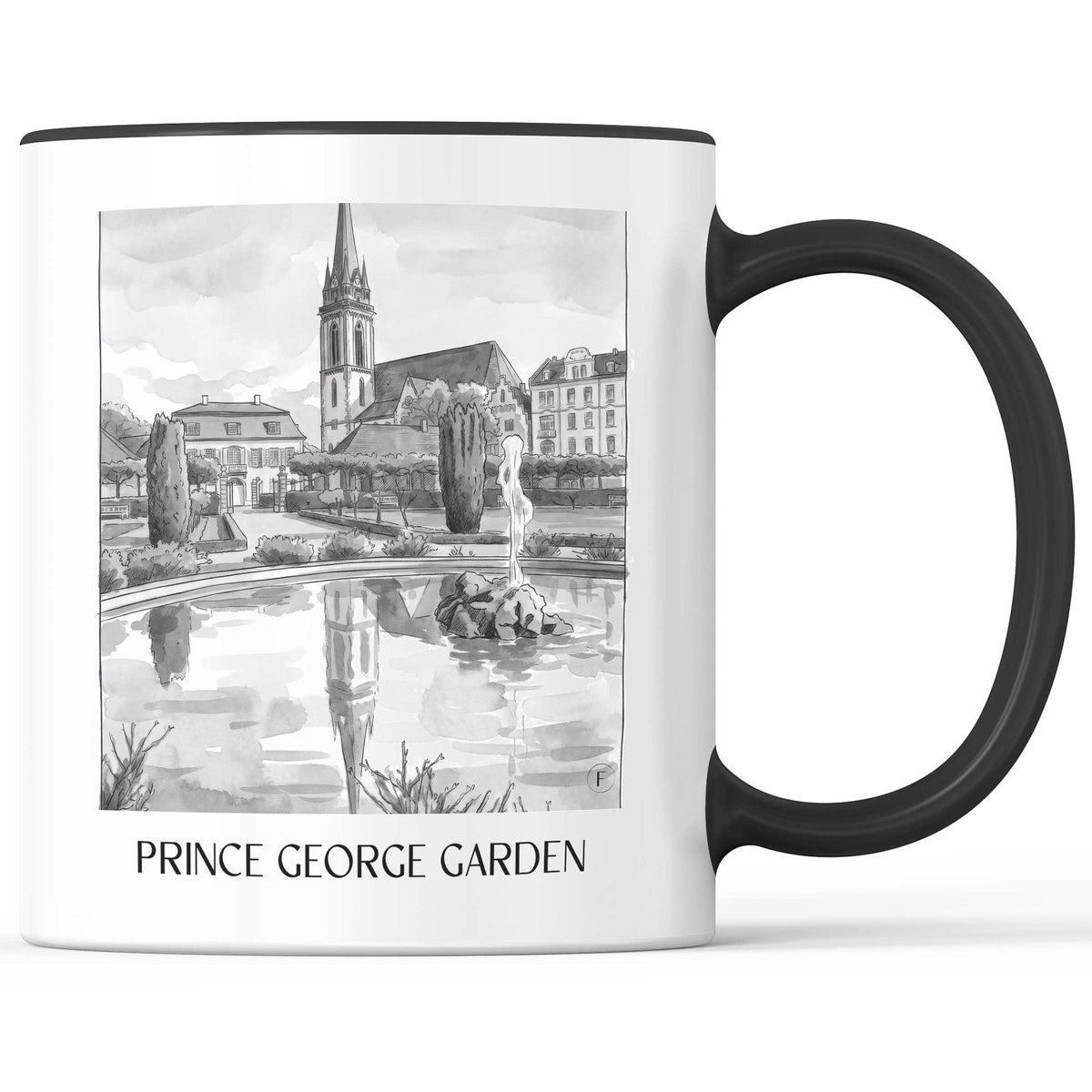 Prinz-Georg-Garten Kaffeebecher - Darmstadt - Deutschland Becher - Kaffeetasse im Aquarell Schwarz-Weiß Stil - favplace