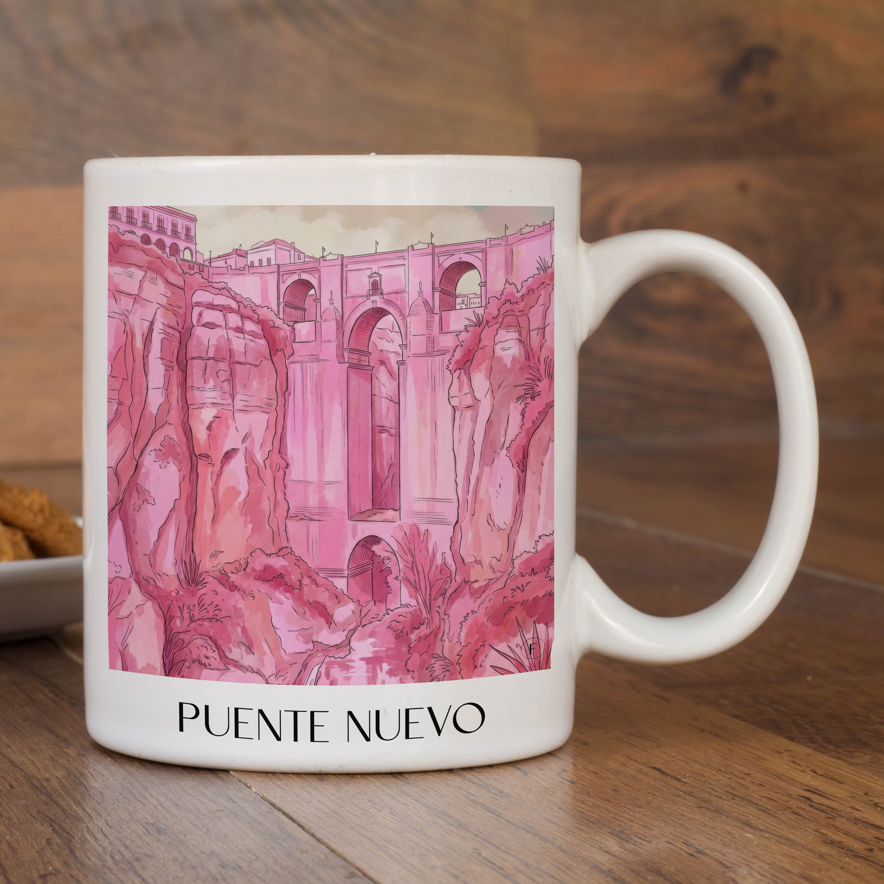 puente-nuevo-ronda-spanien-kaffeebecher-aquarell-pink-rosa