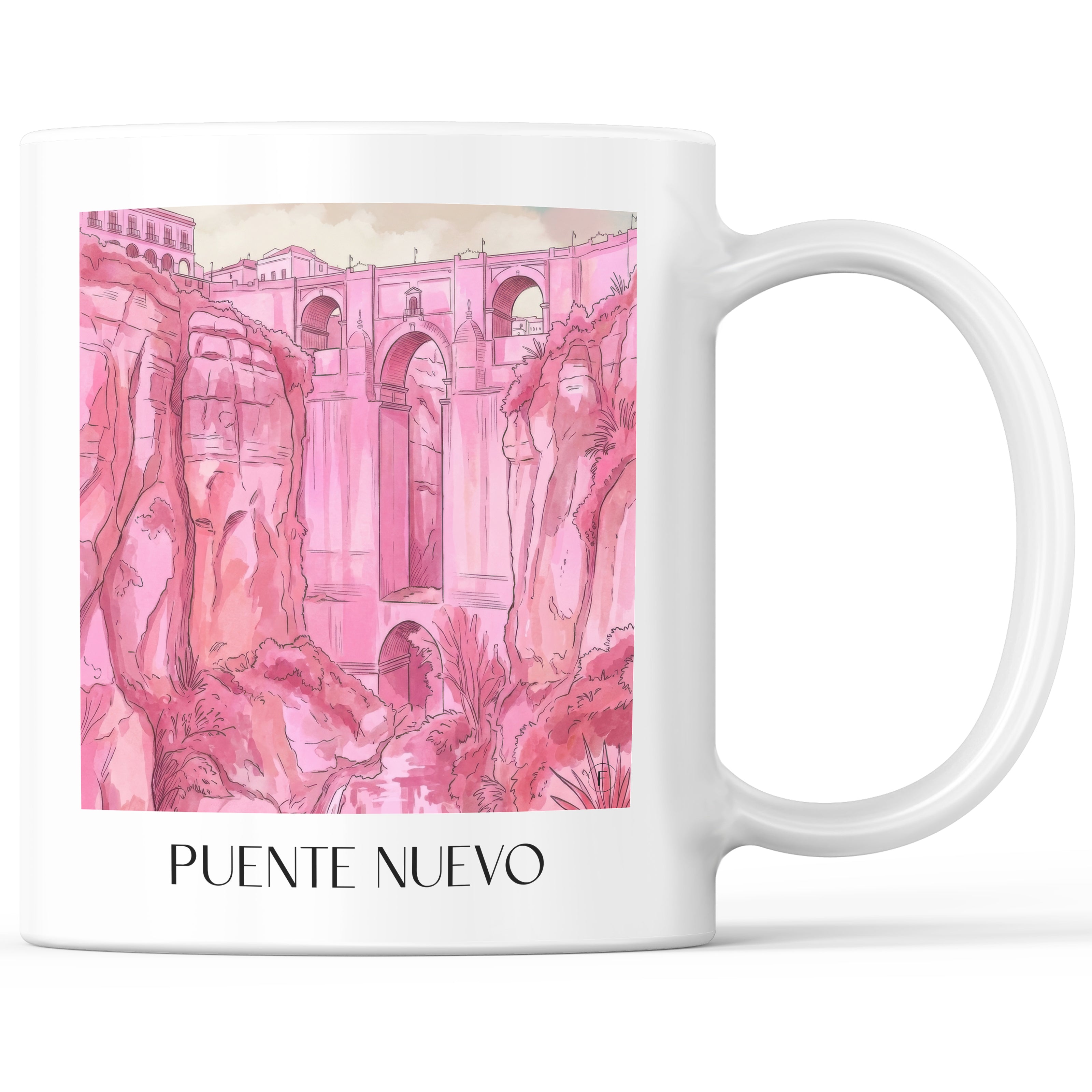 Puente Nuevo Kaffeebecher - Ronda - Spanien Becher - Kaffeetasse im Aquarell Pink Stil - favplace