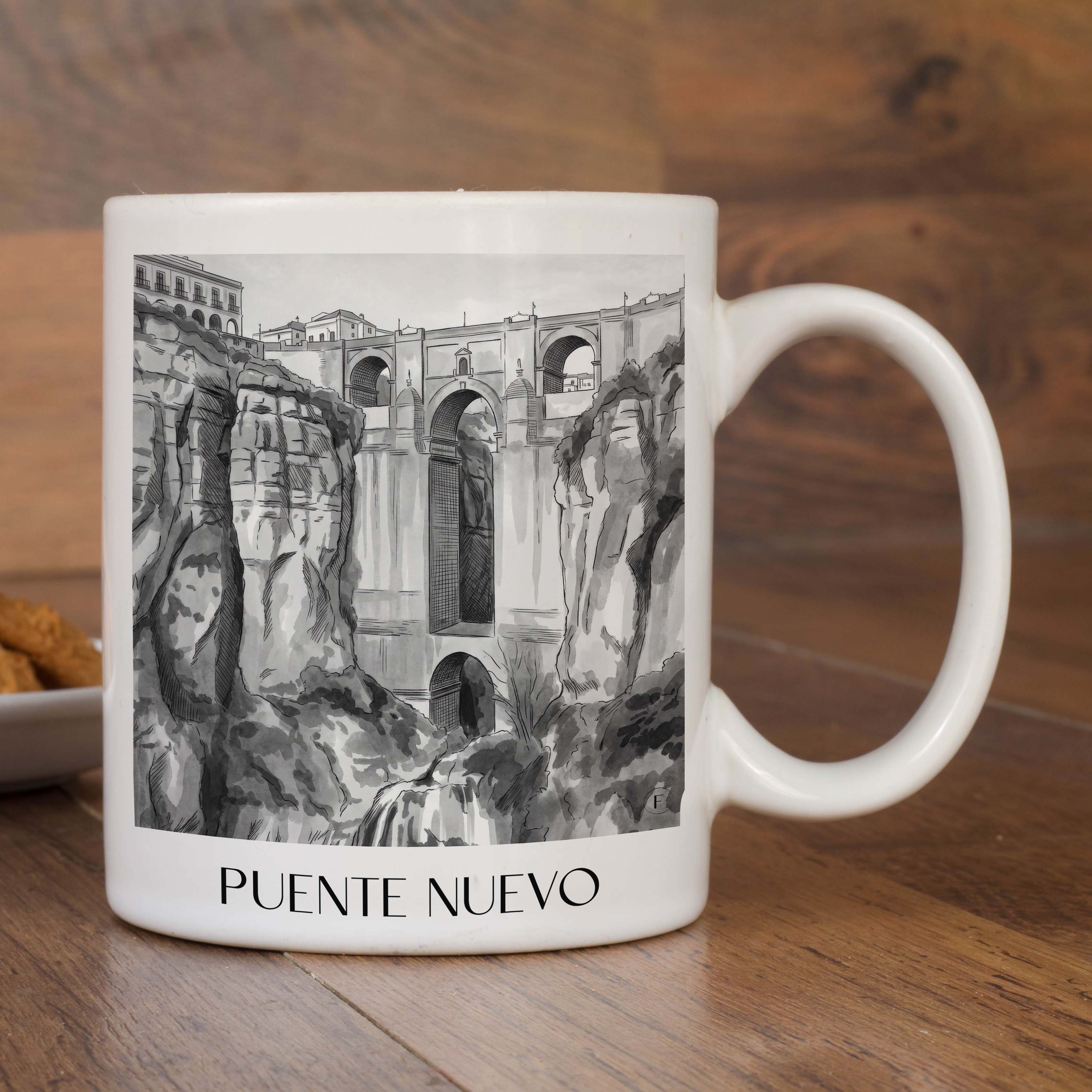 puente-nuevo-ronda-spanien-kaffeebecher-aquarell-schwarz-weiss