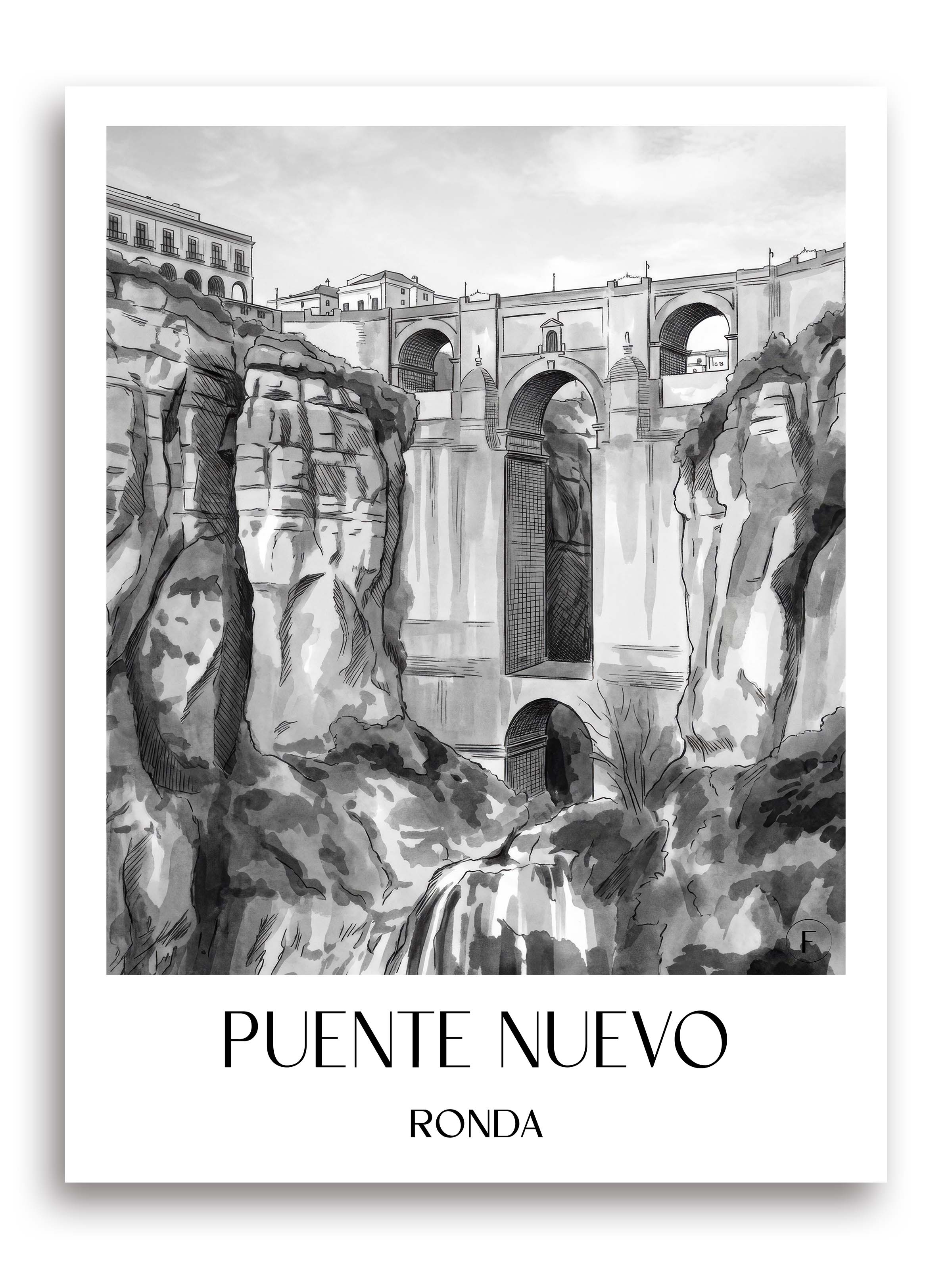 puente-nuevo-ronda-spanien-poster-aquarell-schwarz-weiss