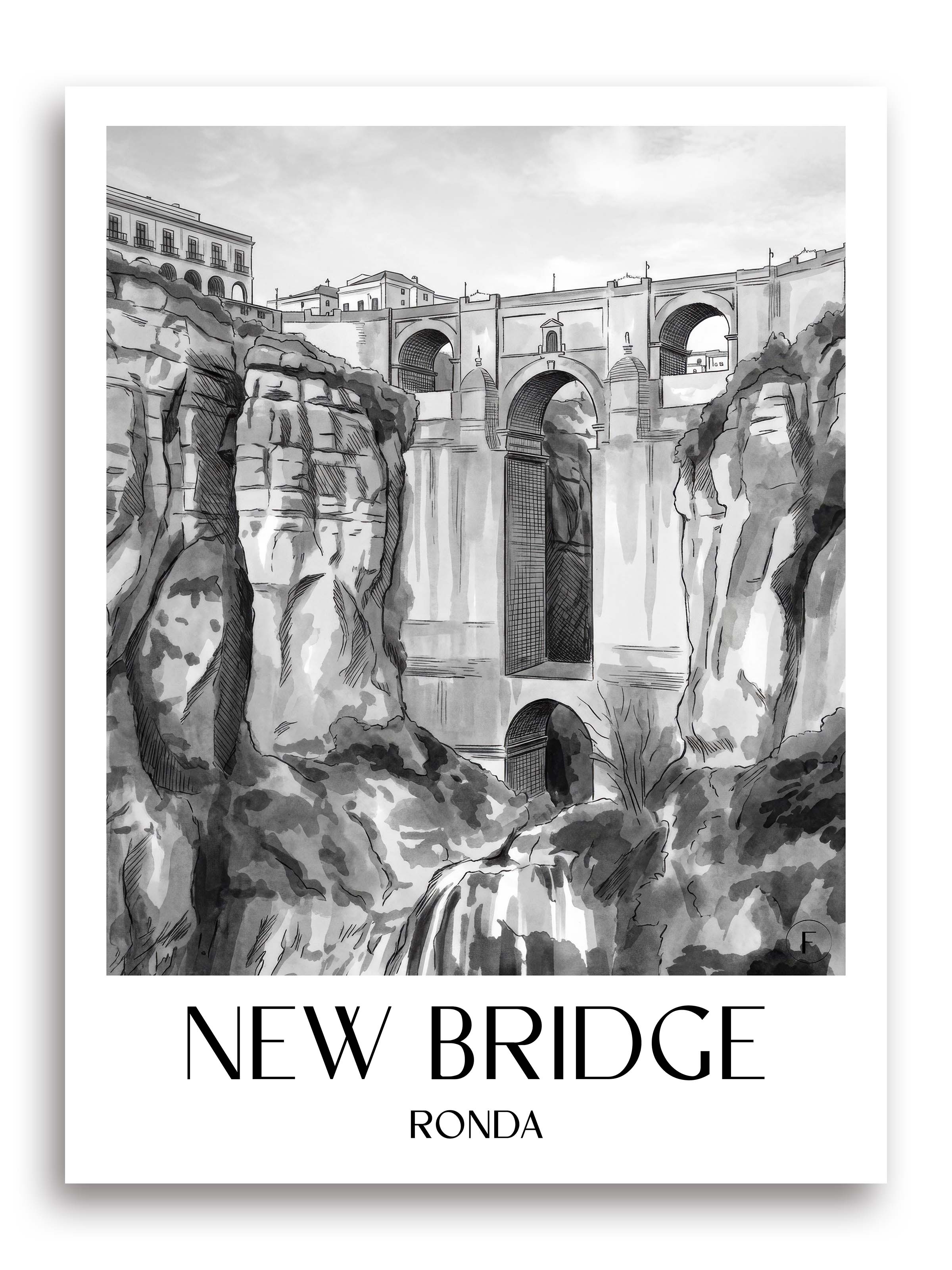 Puente Nuevo Poster - Ronda - Spanien Kunstdruck - Aquarell Schwarz-Weiß von A4 bis A1 - favplace