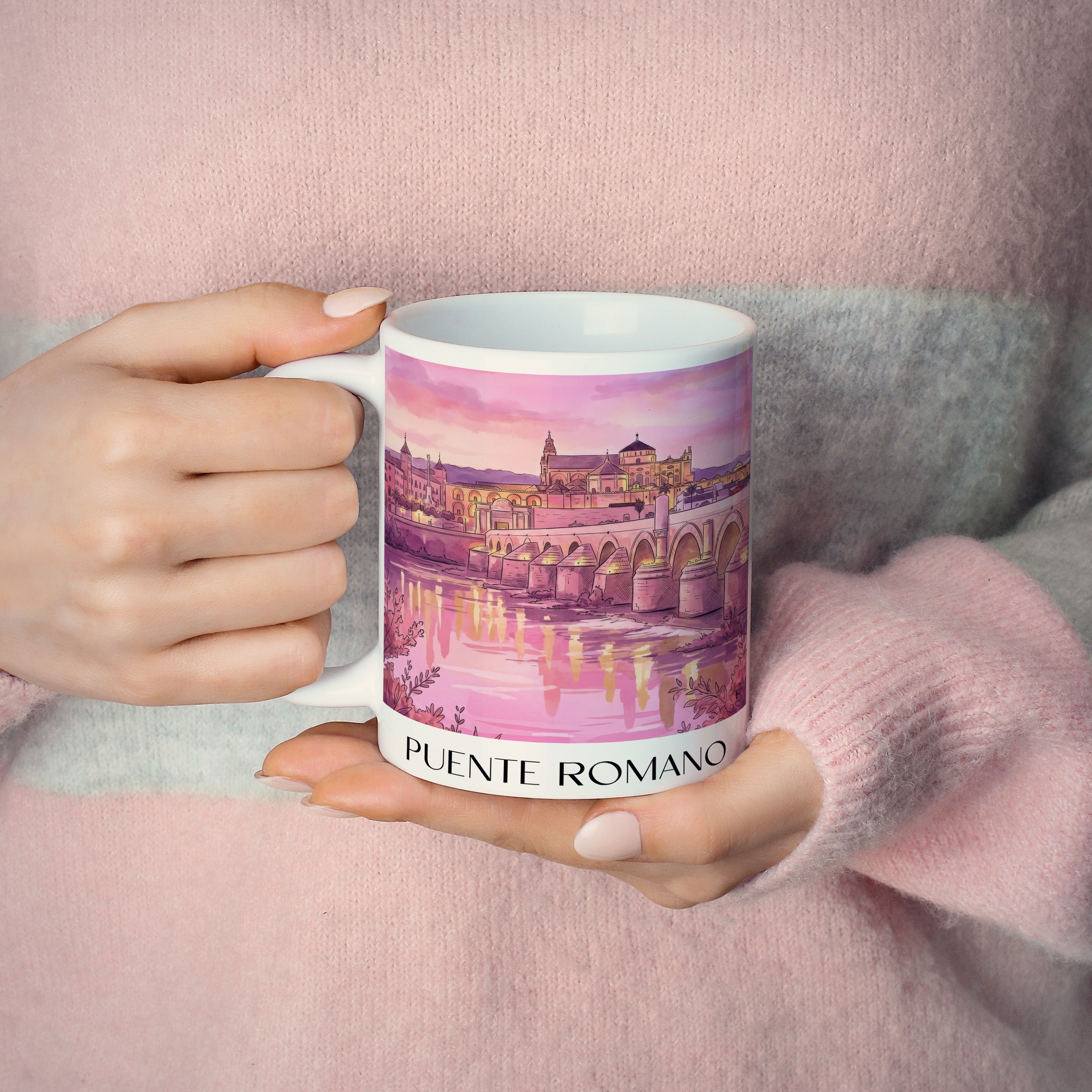 puente-romano-córdoba-spanien-kaffeebecher-aquarell-pink-rosa