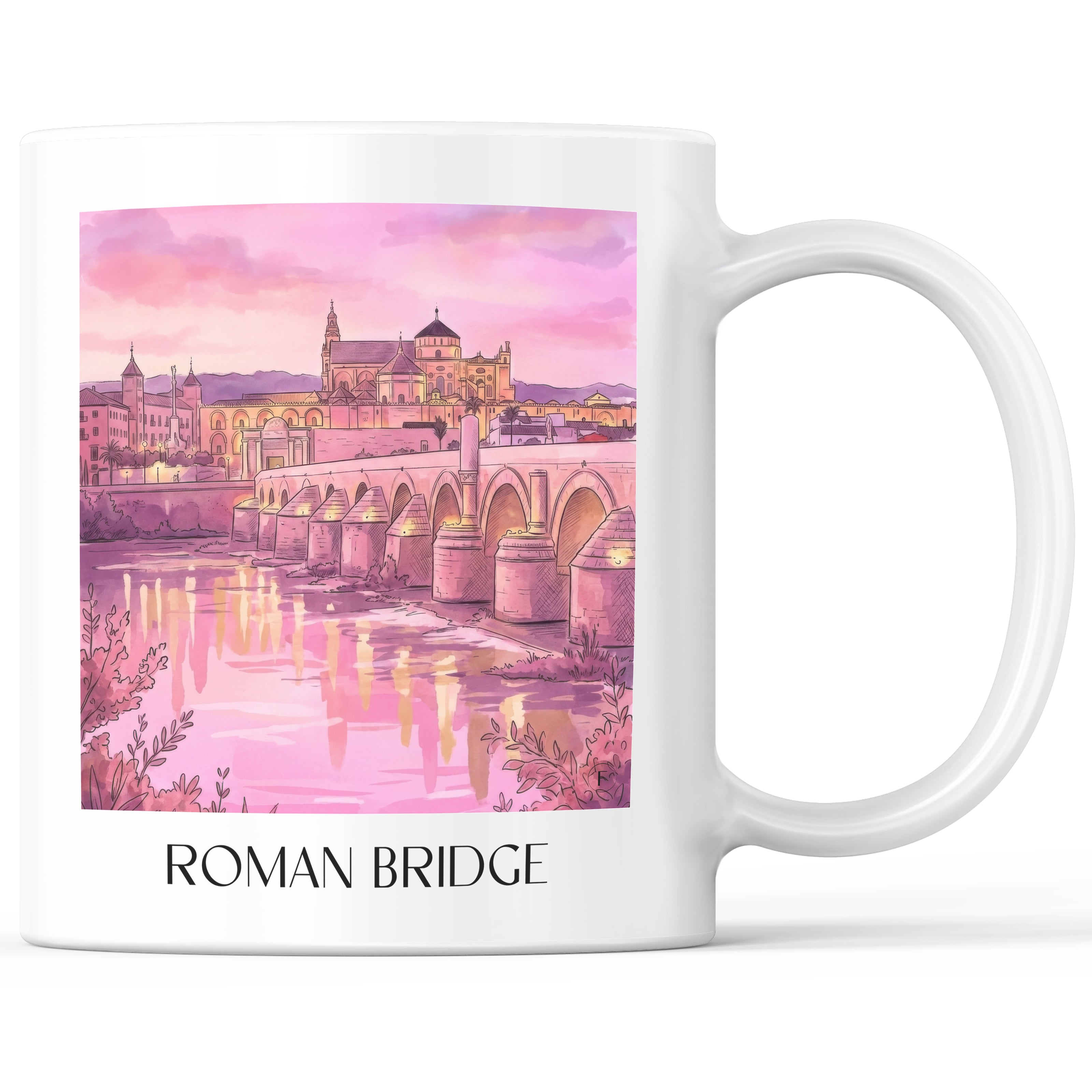 Puente Romano Kaffeebecher - Córdoba - Spanien Becher - Kaffeetasse im Aquarell Pink Stil - favplace