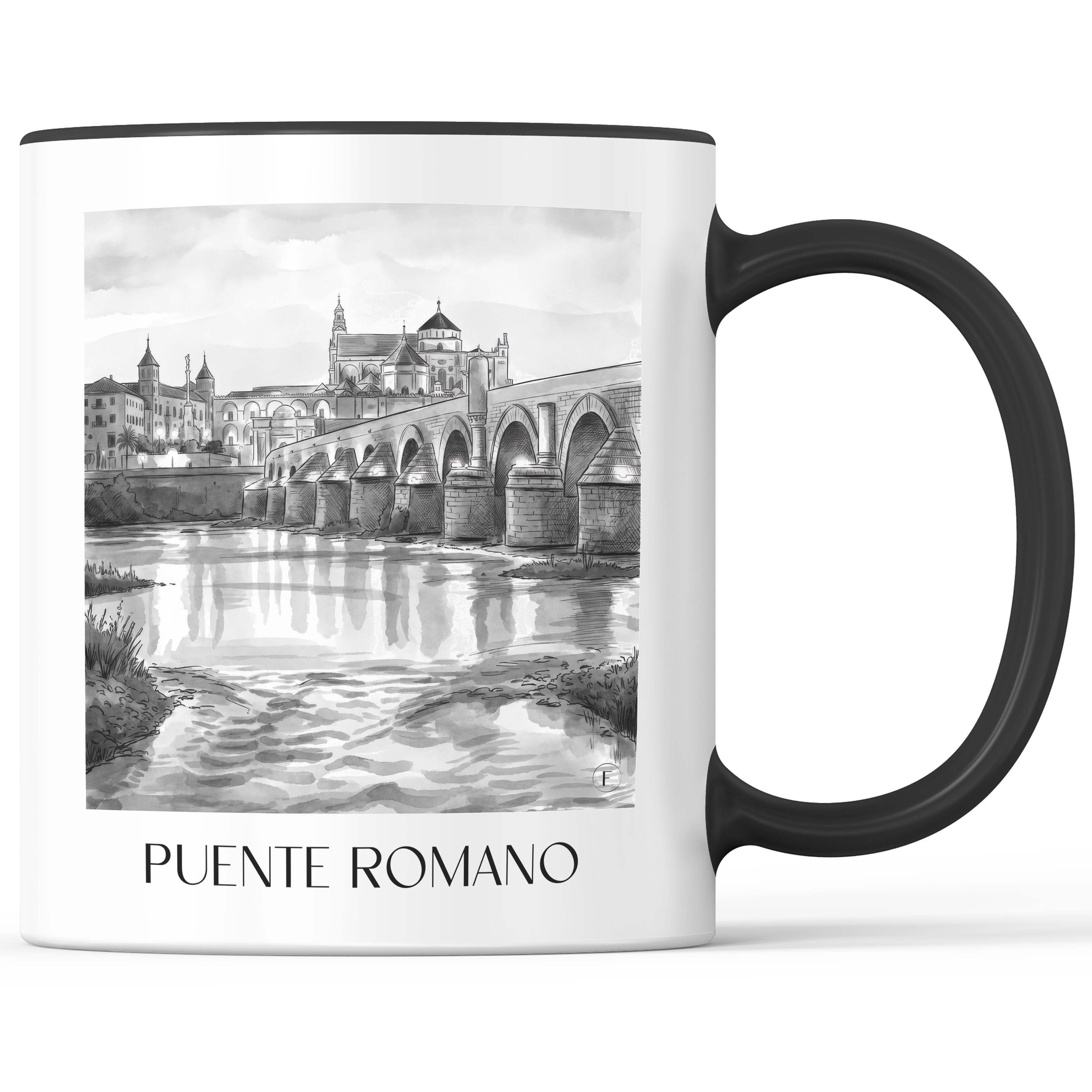 puente-romano-córdoba-spanien-kaffeebecher-aquarell-schwarz-weiss