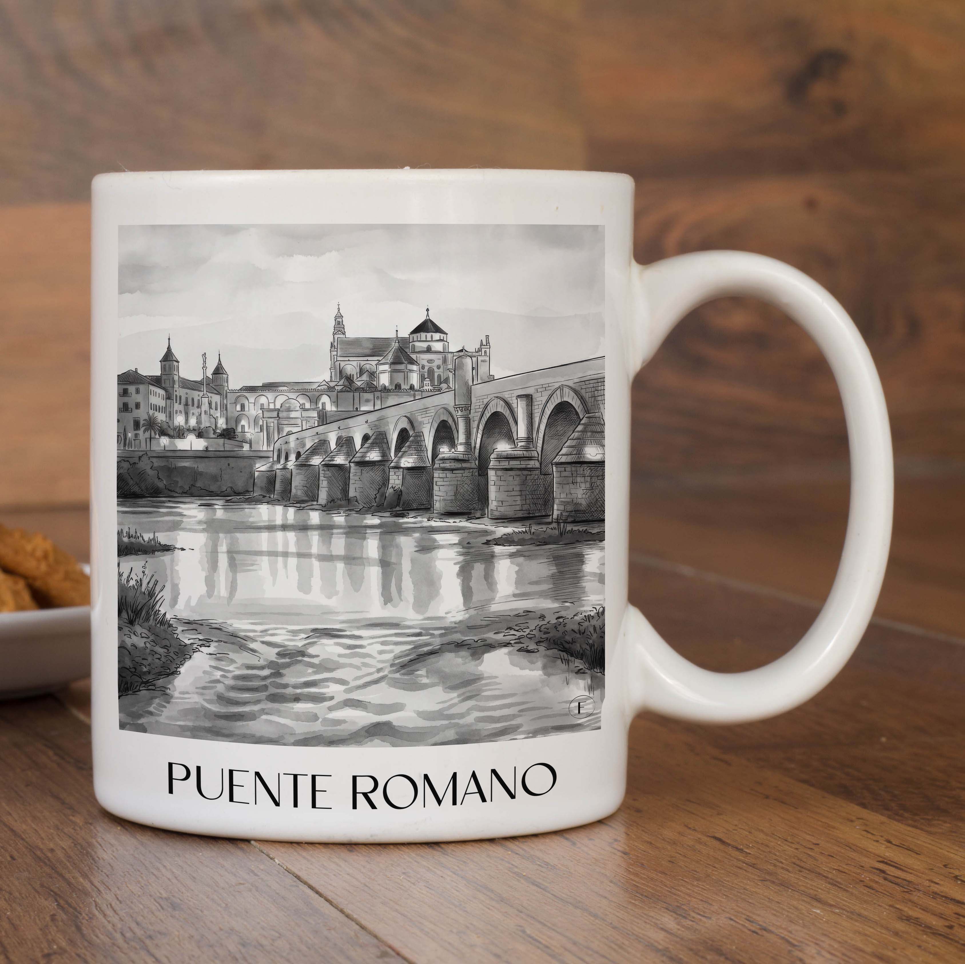 puente-romano-córdoba-spanien-kaffeebecher-aquarell-schwarz-weiss