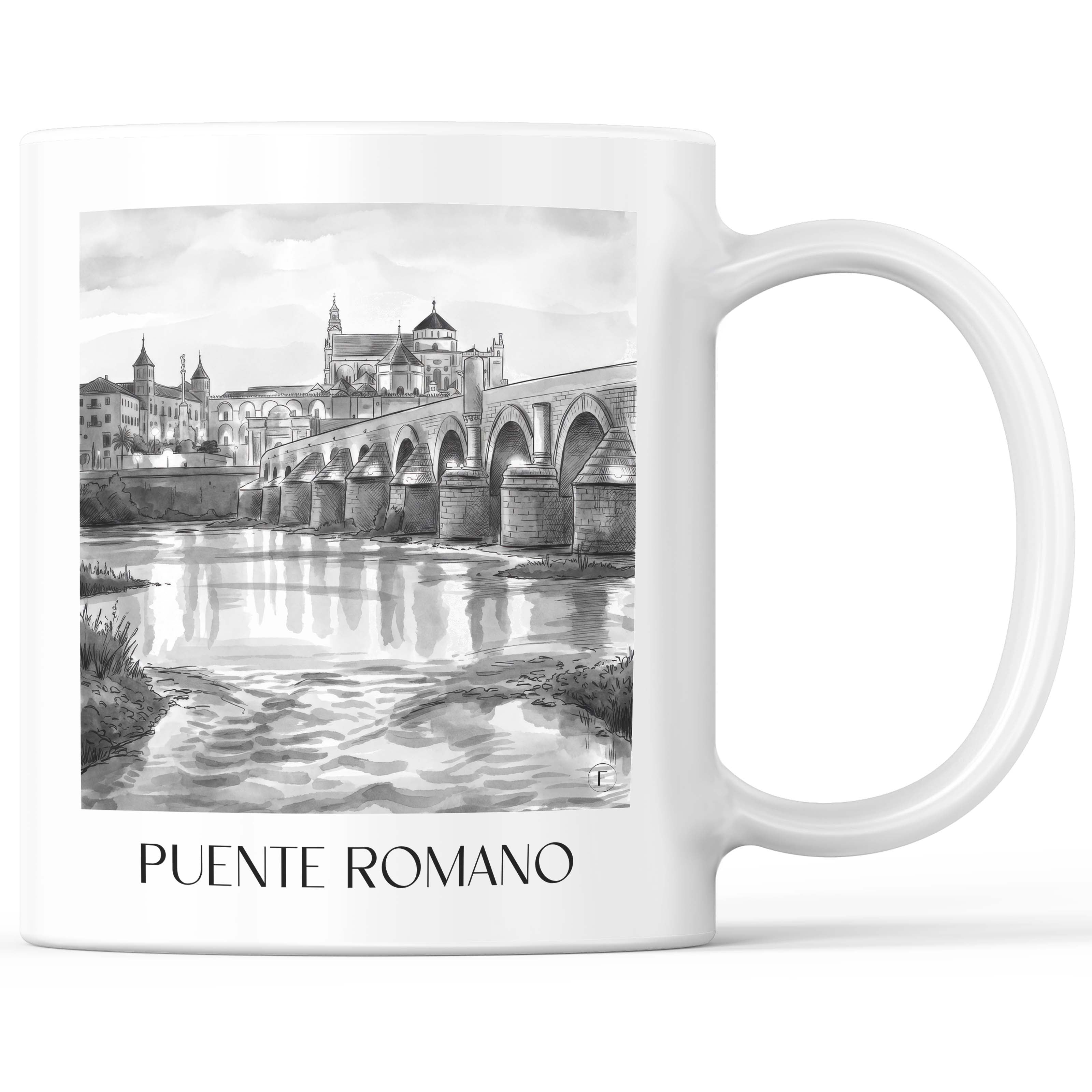 Puente Romano Kaffeebecher - Córdoba - Spanien Becher - Kaffeetasse im Aquarell Schwarz-Weiß Stil - favplace