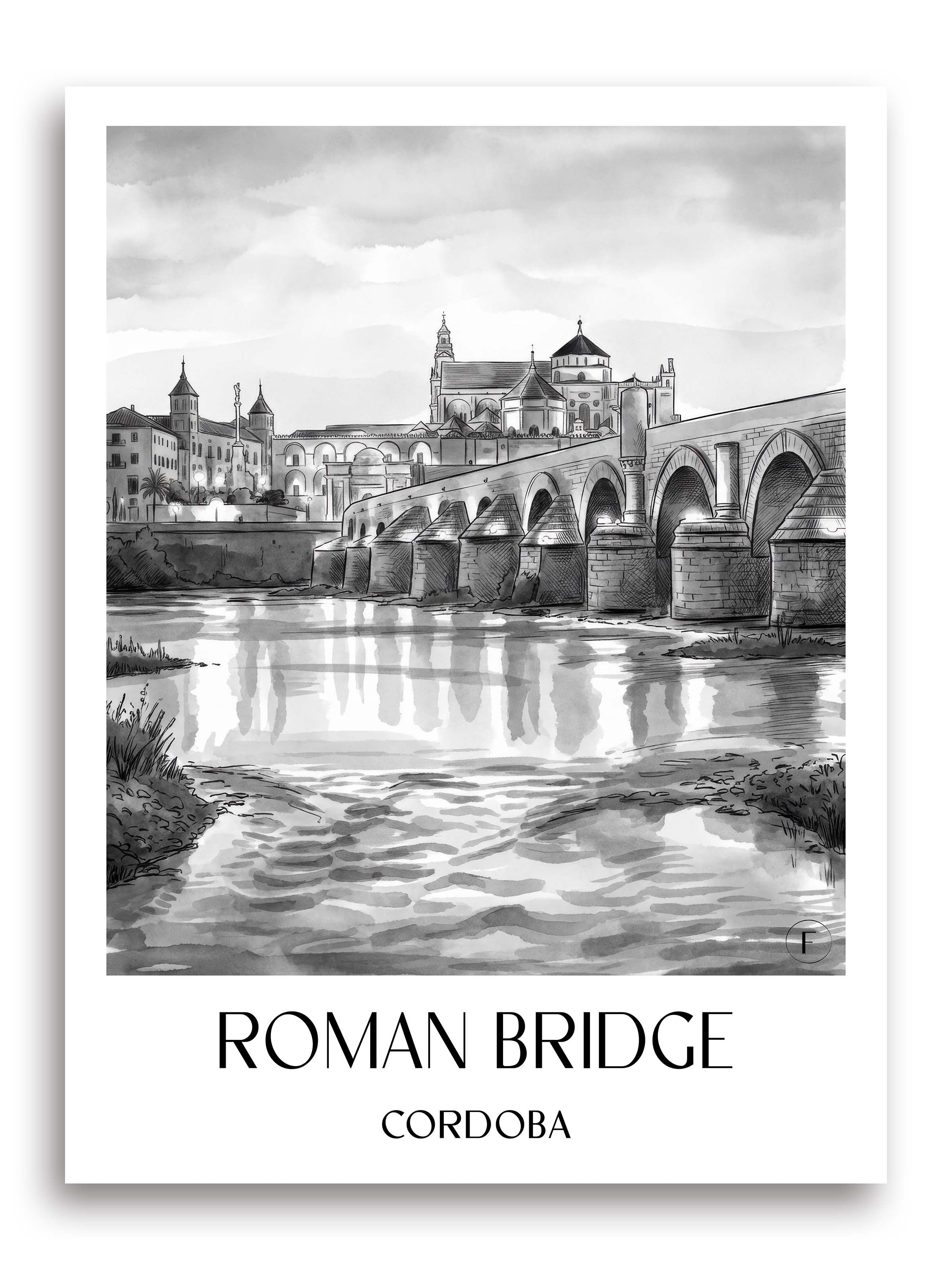Puente Romano Poster - Córdoba - Spanien Kunstdruck - Aquarell Schwarz-Weiß von A4 bis A1 - favplace