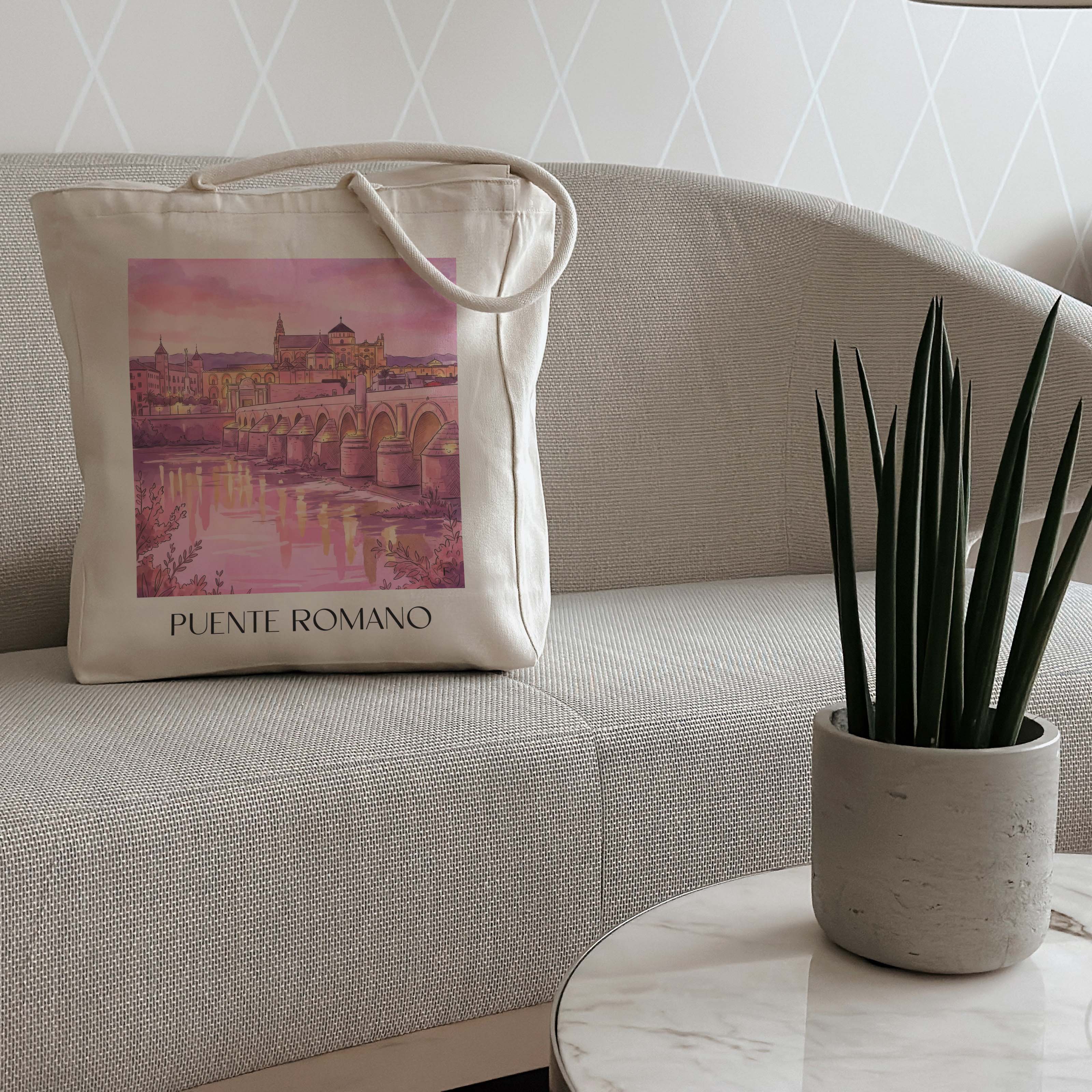 puente-romano-córdoba-spanien-einkaufstasche-aquarell-pink-rosa