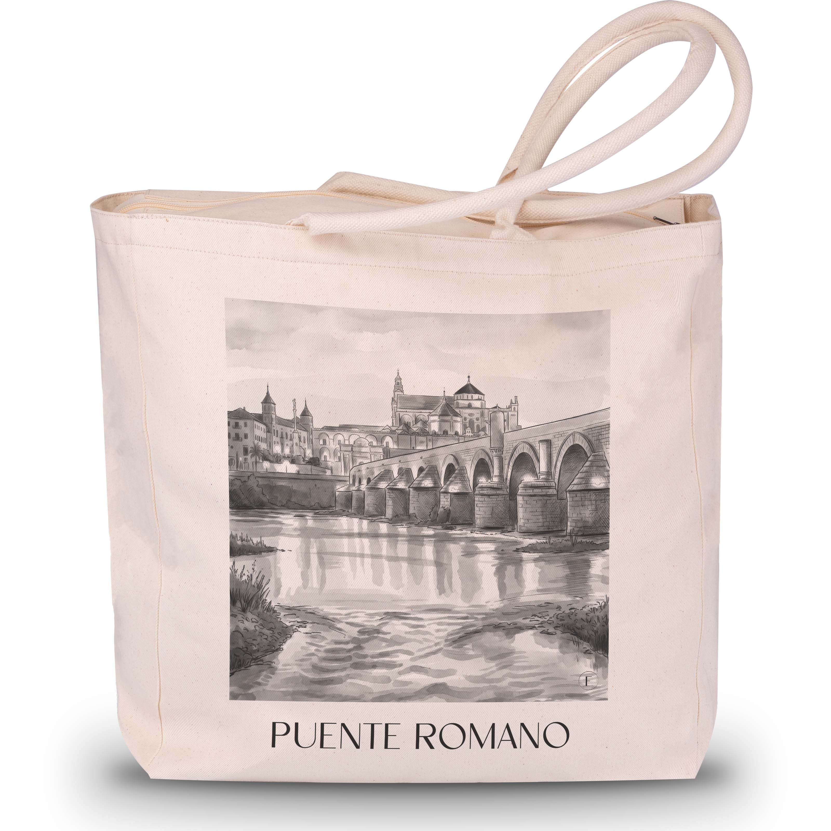 puente-romano-córdoba-spanien-einkaufstasche-aquarell-schwarz-weiss