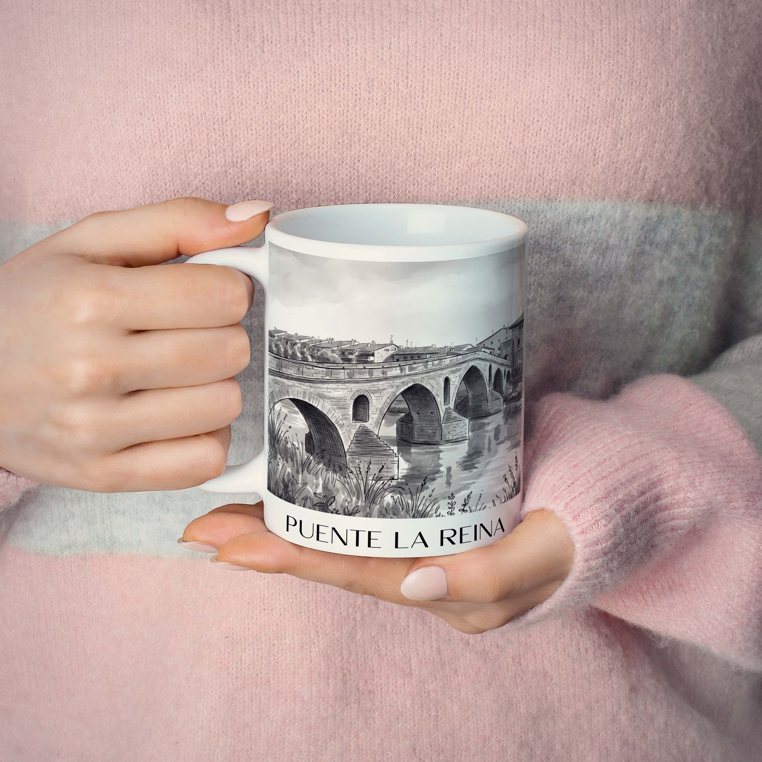 puente-la-reina-spanien-spanien-kaffeebecher-aquarell-schwarz-weiss