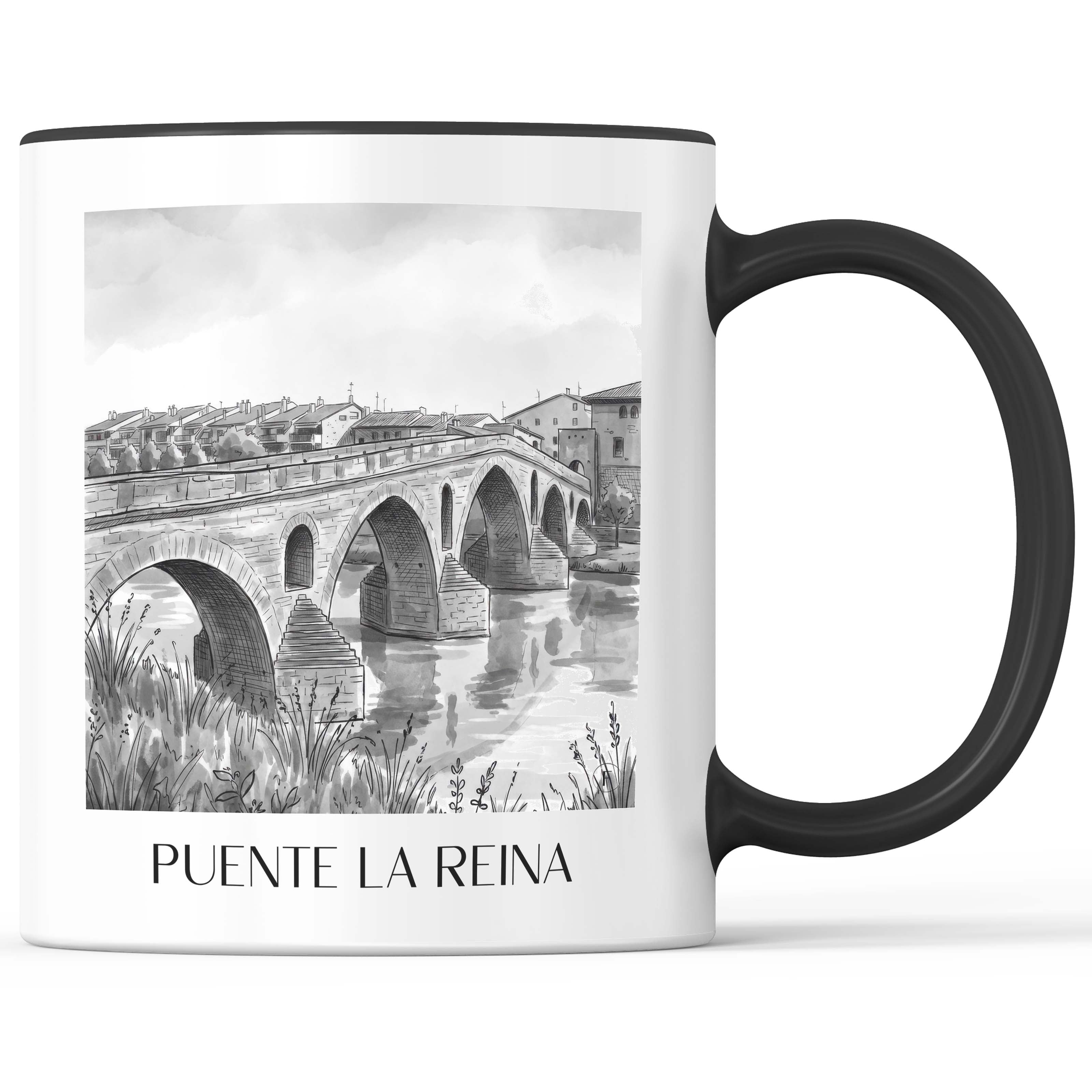 Puente la Reina Kaffeebecher - Spanien - Spanien Becher - Kaffeetasse im Aquarell Schwarz-Weiß Stil - favplace