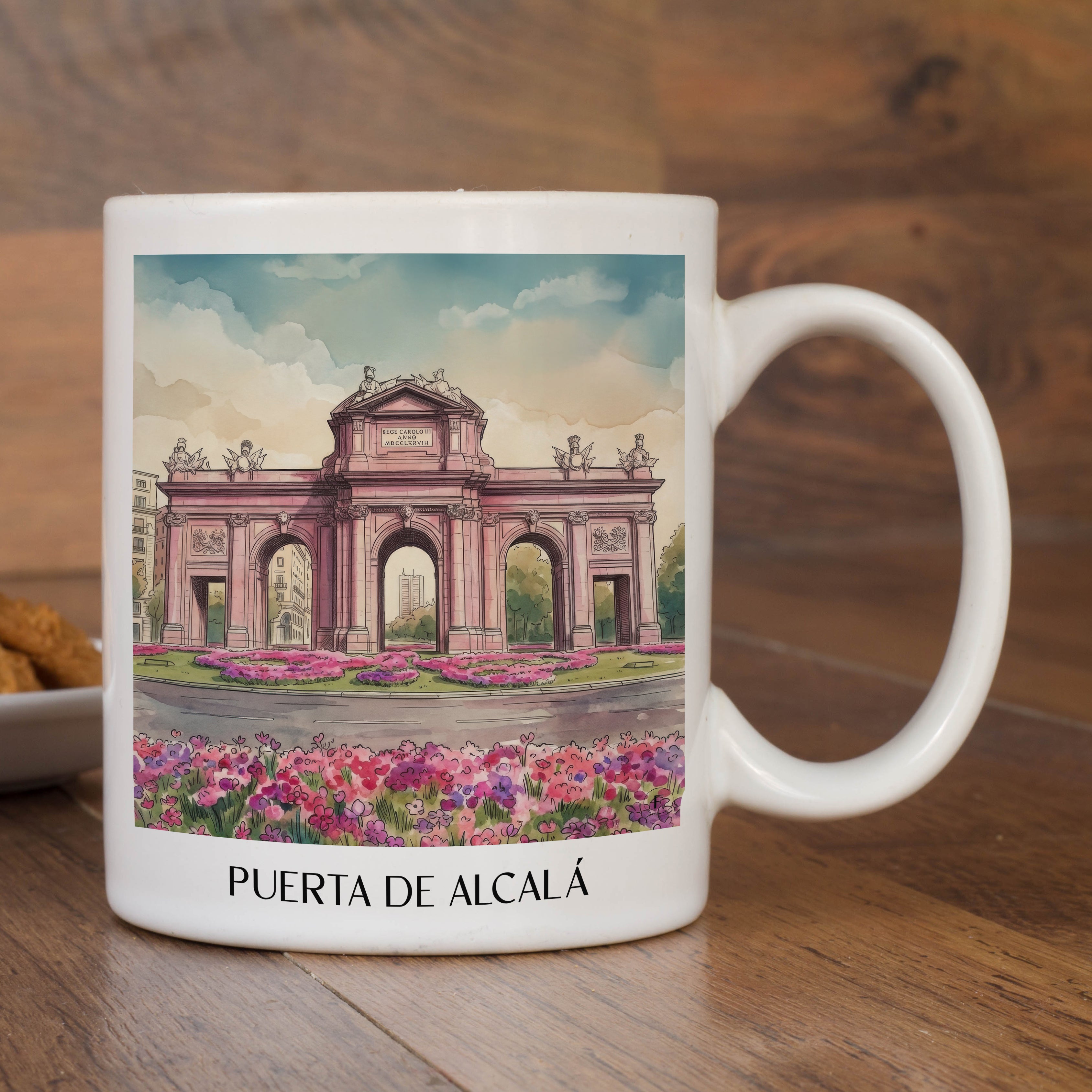 puerta-de-alcalá-madrid-spanien-kaffeebecher-aquarell-pink-rosa