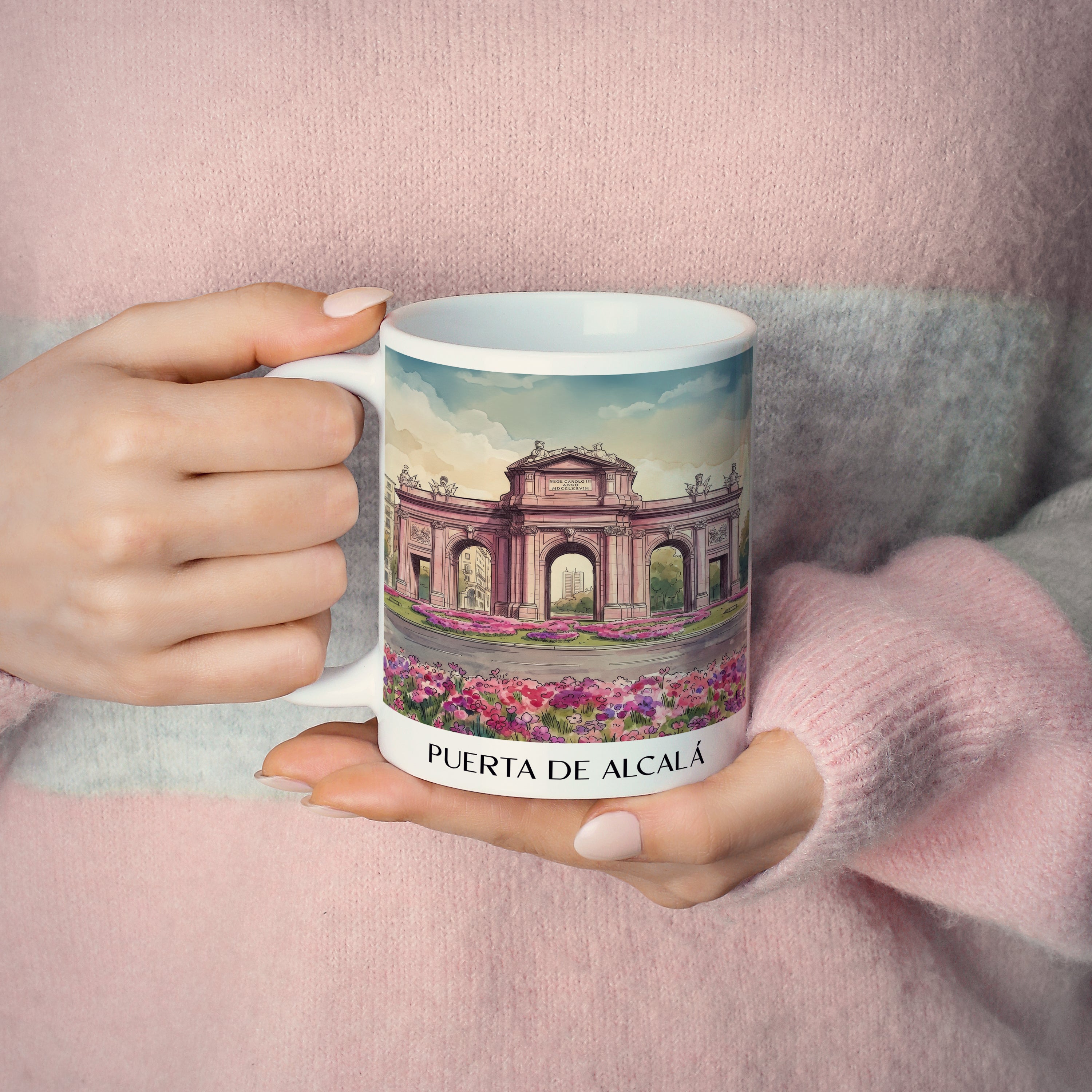 puerta-de-alcalá-madrid-spanien-kaffeebecher-aquarell-pink-rosa
