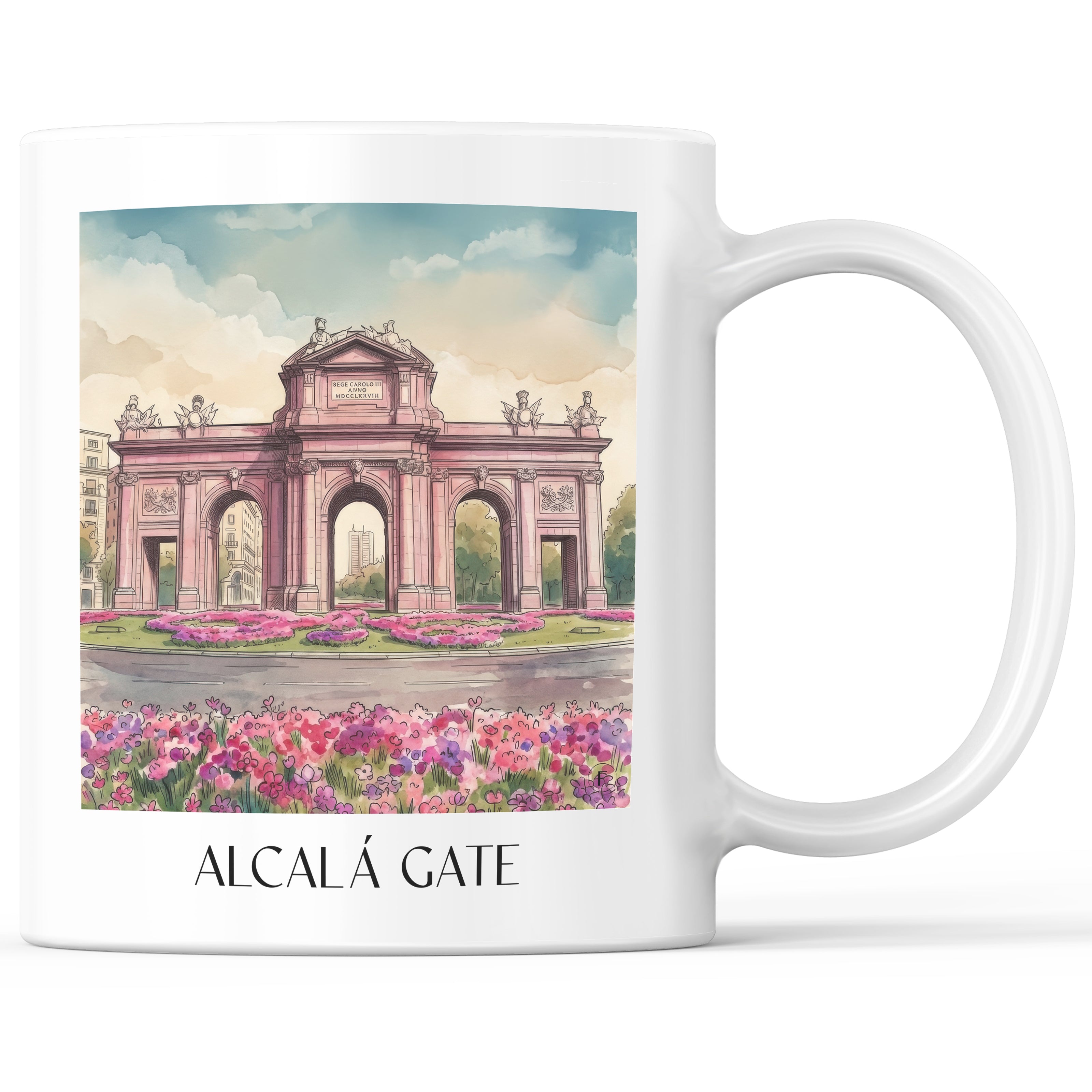 Puerta de Alcalá Kaffeebecher - Madrid - Spanien Becher - Kaffeetasse im Aquarell Pink Stil - favplace