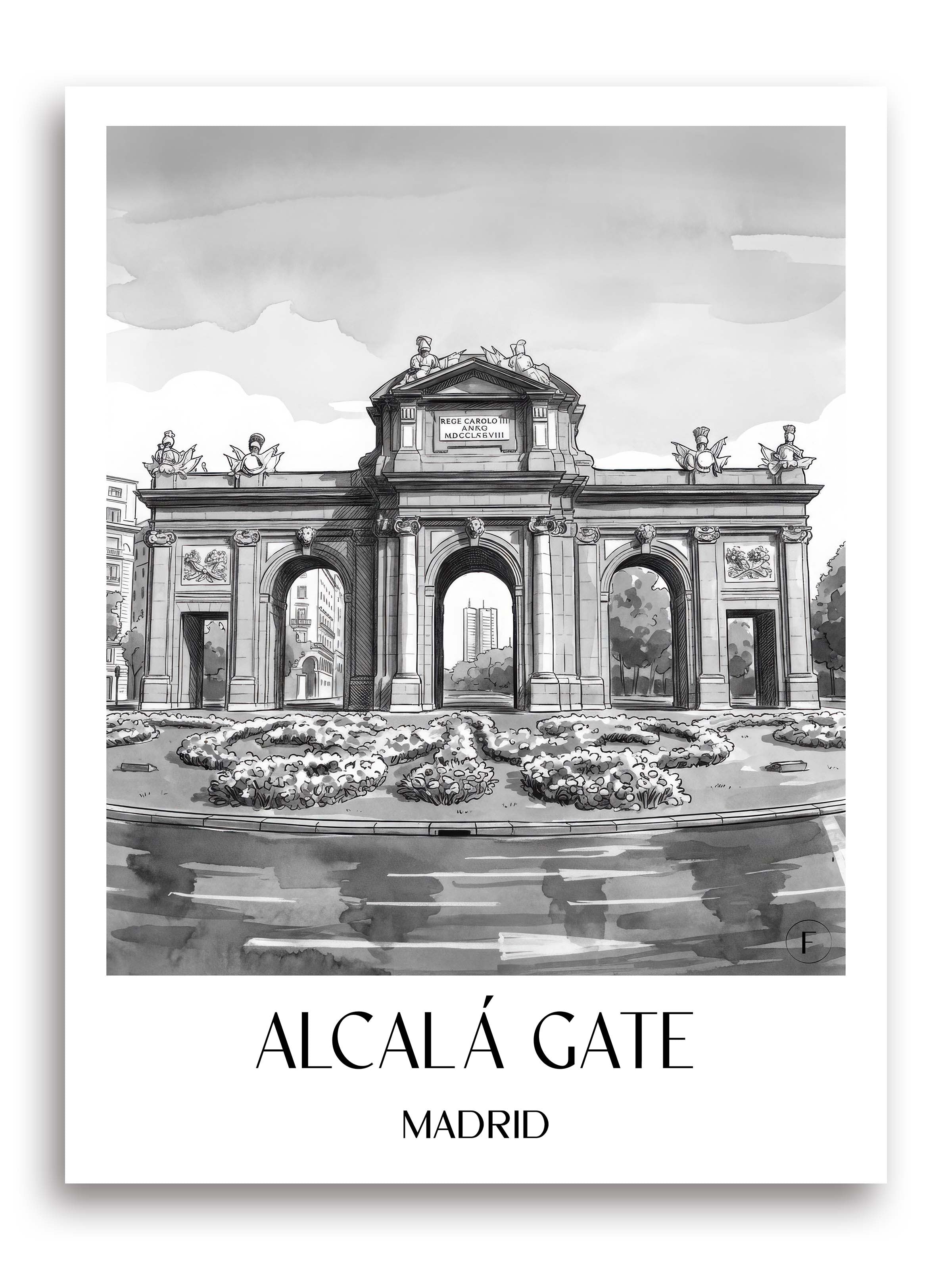 Puerta de Alcalá Poster - Madrid - Spanien Kunstdruck - Aquarell Schwarz-Weiß von A4 bis A1 - favplace