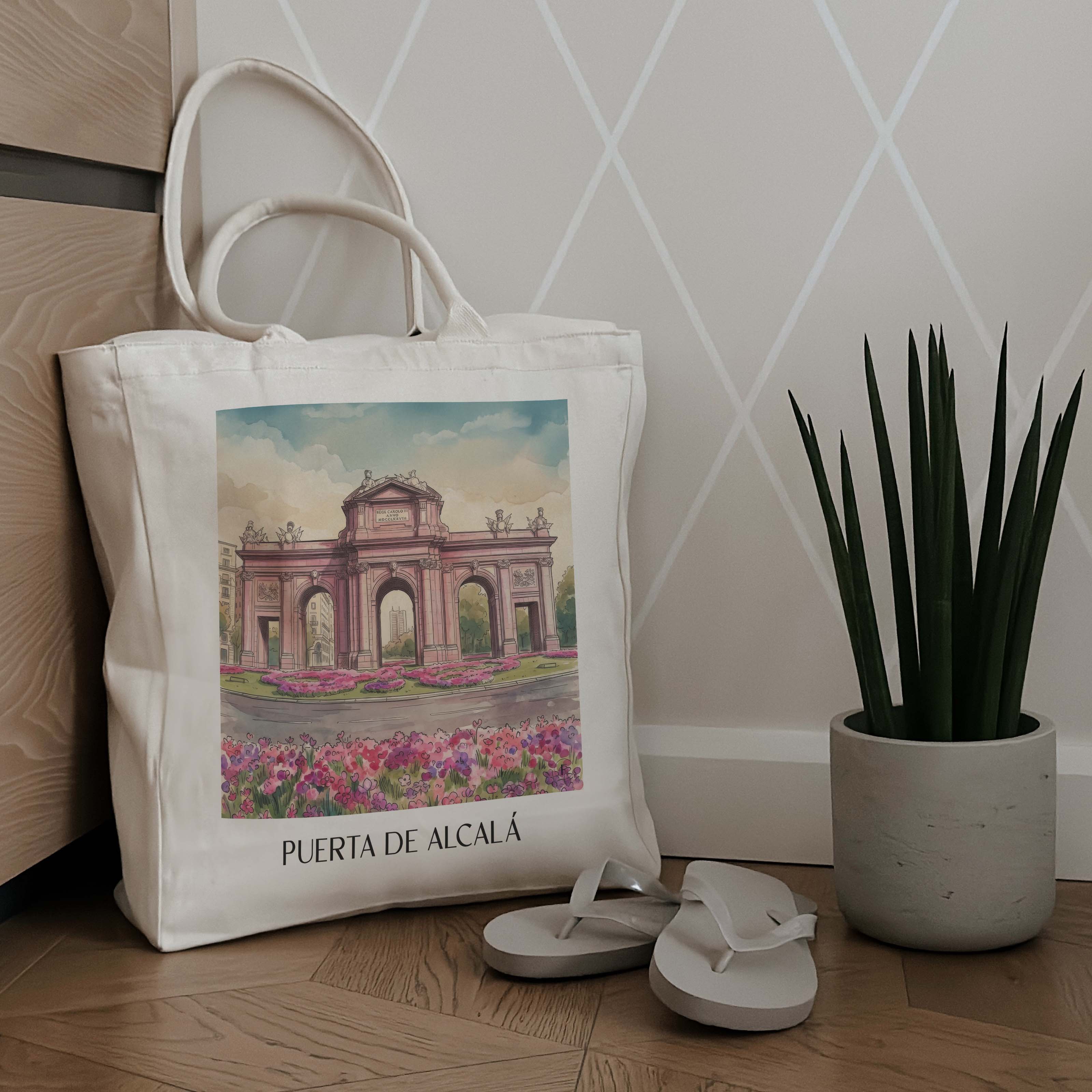 puerta-de-alcalá-madrid-spanien-einkaufstasche-aquarell-pink-rosa