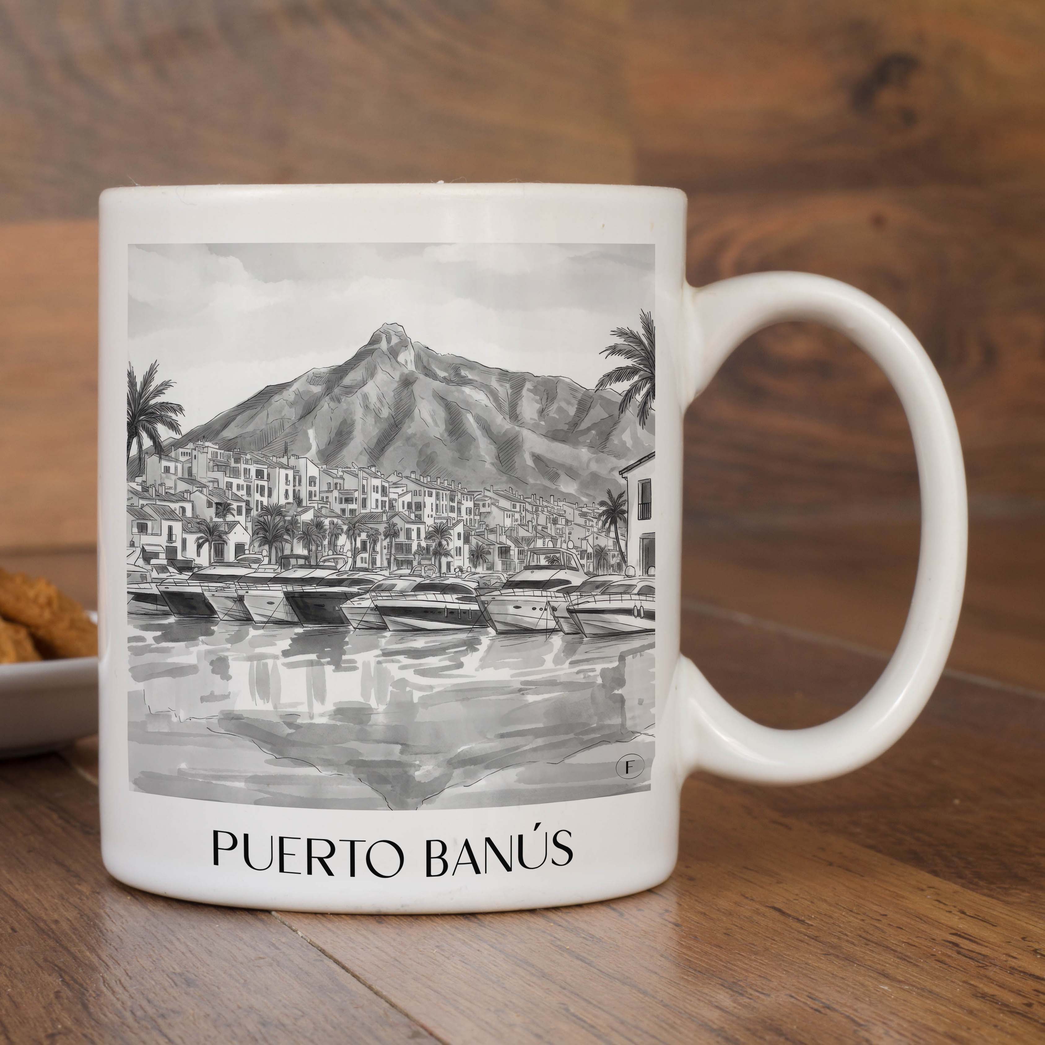 puerto-banús-marbella-spanien-kaffeebecher-aquarell-schwarz-weiss