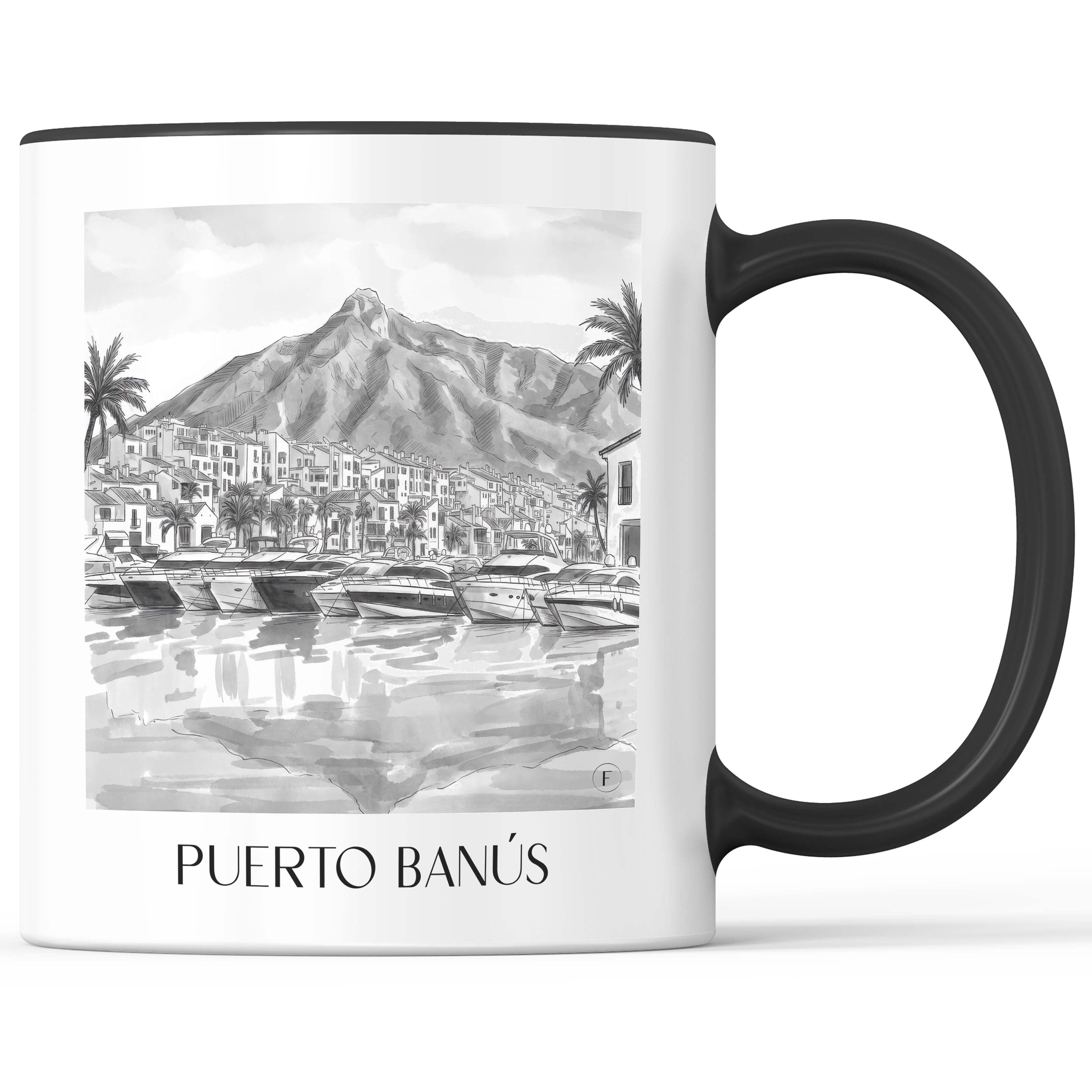 Puerto Banús Kaffeebecher - Marbella - Spanien Becher - Kaffeetasse im Aquarell Schwarz-Weiß Stil - favplace