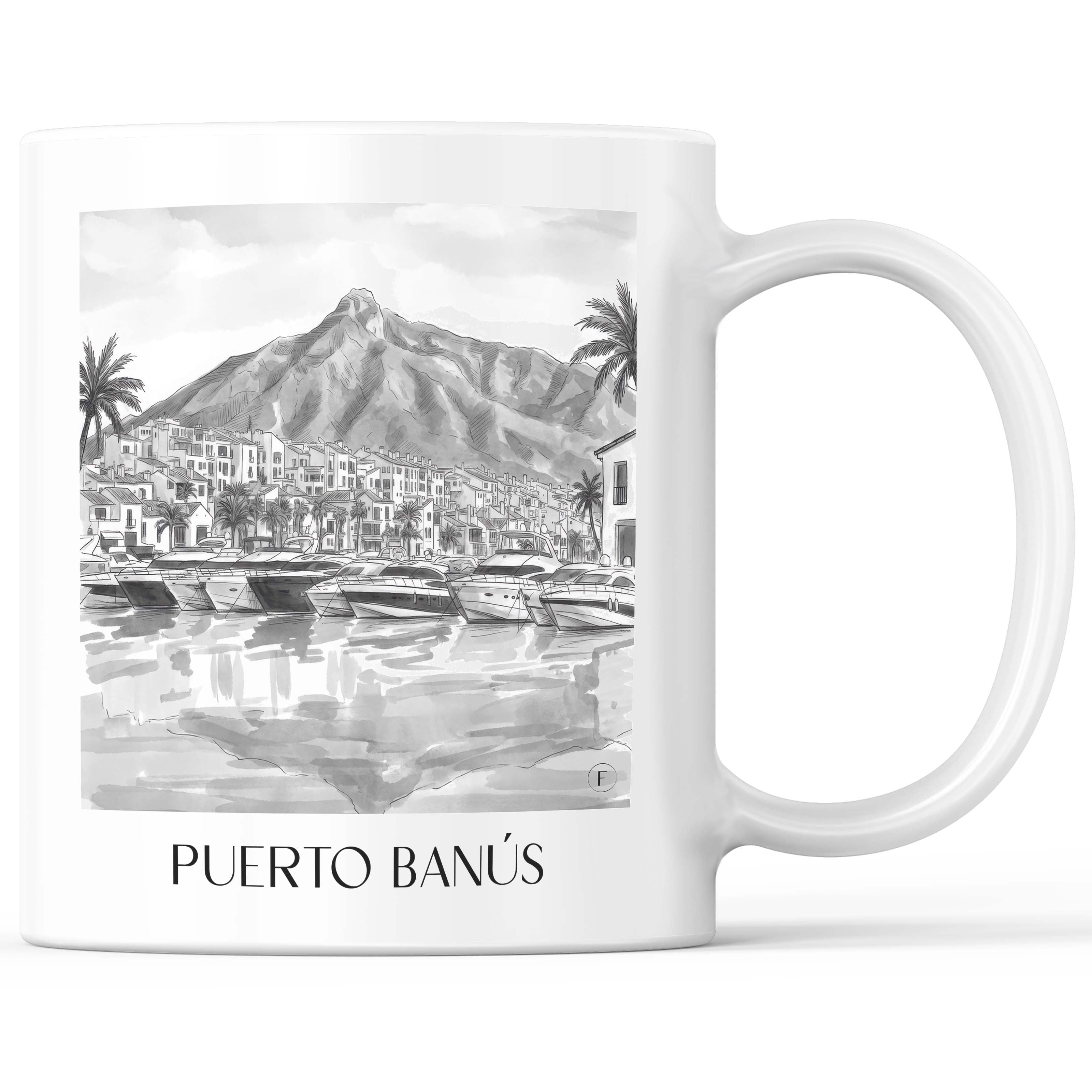 Puerto Banús Kaffeebecher - Marbella - Spanien Becher - Kaffeetasse im Aquarell Schwarz-Weiß Stil - favplace