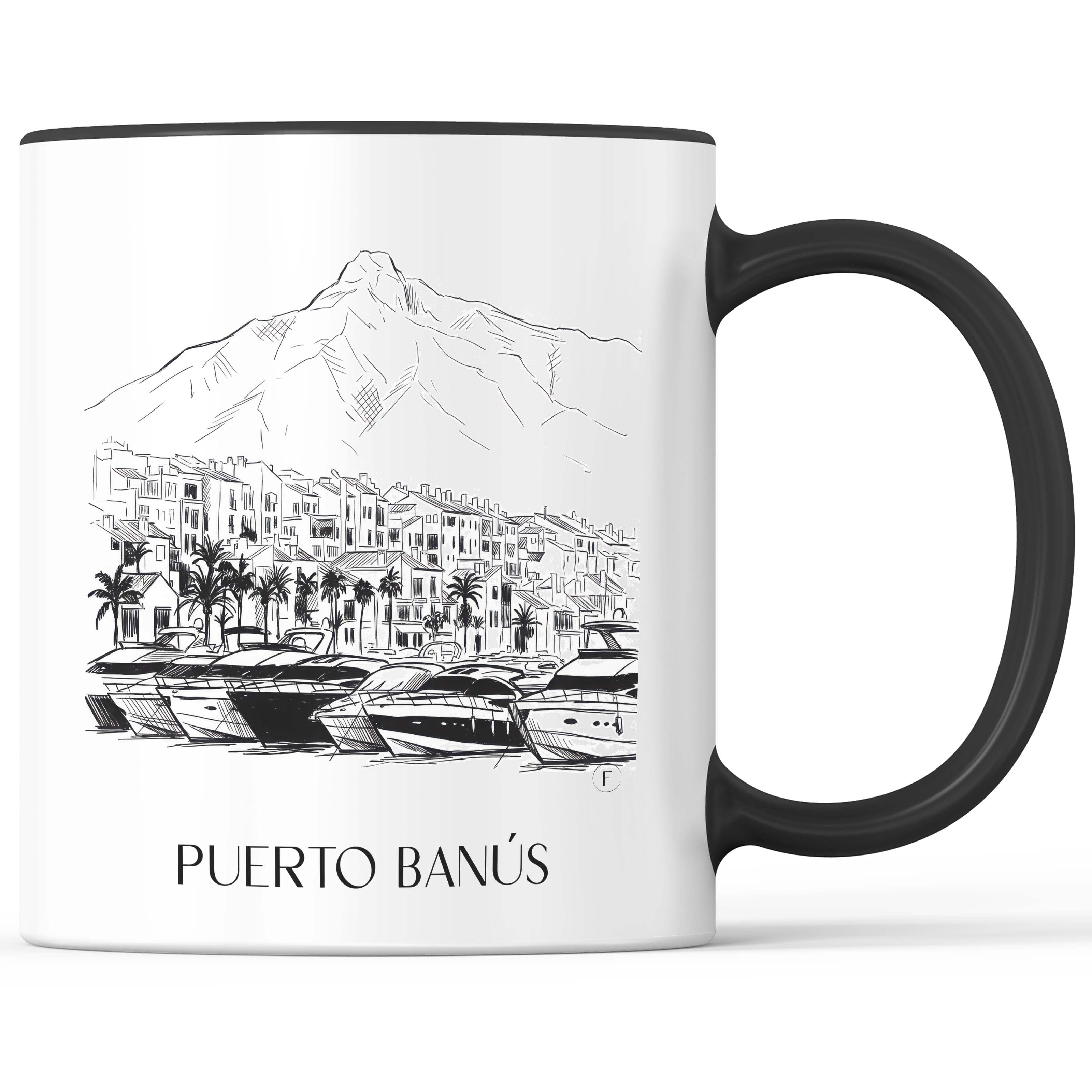 Puerto Banús Kaffeebecher - Marbella - Spanien Becher - Kaffeetasse im Skizze Stil - favplace