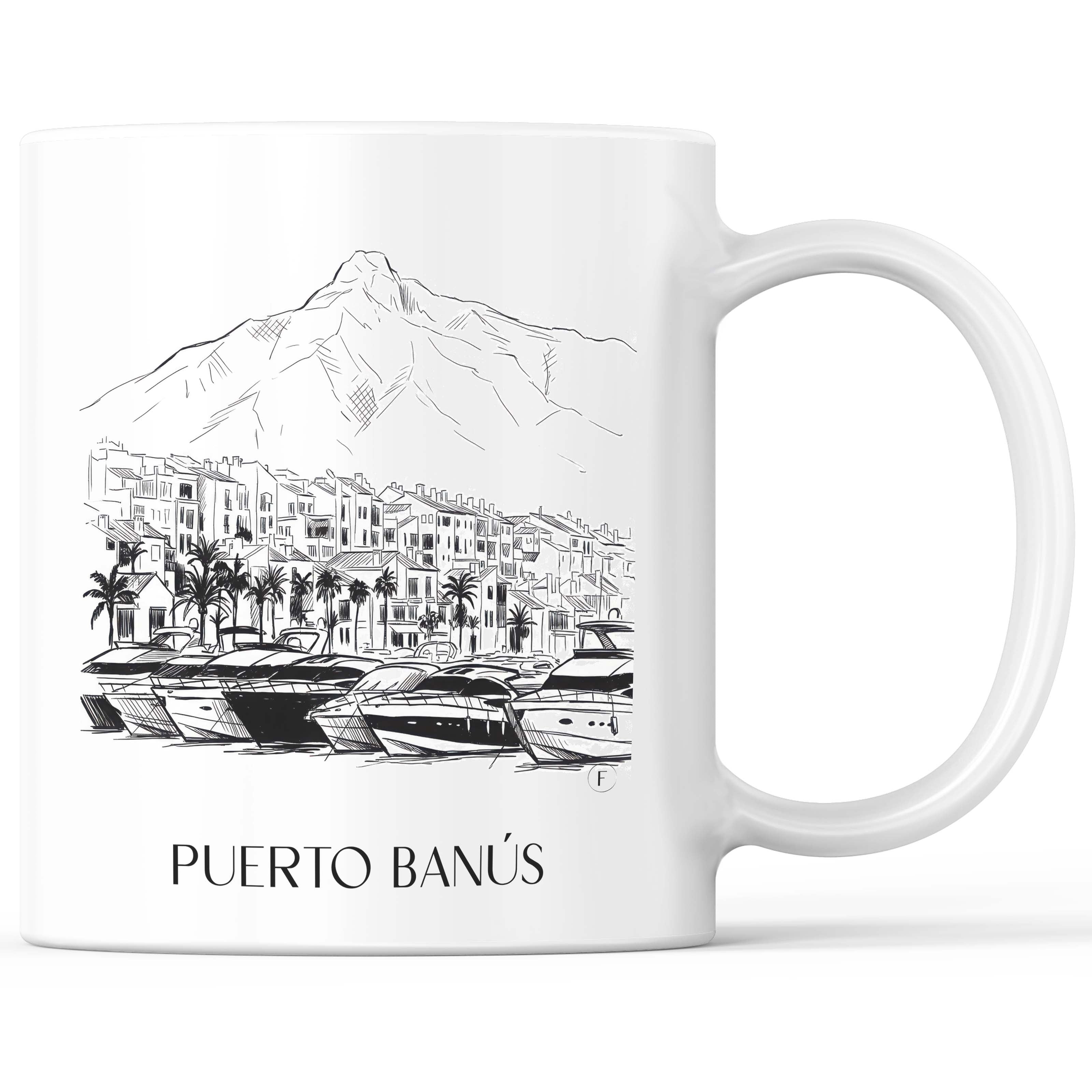 Puerto Banús Kaffeebecher - Marbella - Spanien Becher - Kaffeetasse im Skizze Stil - favplace