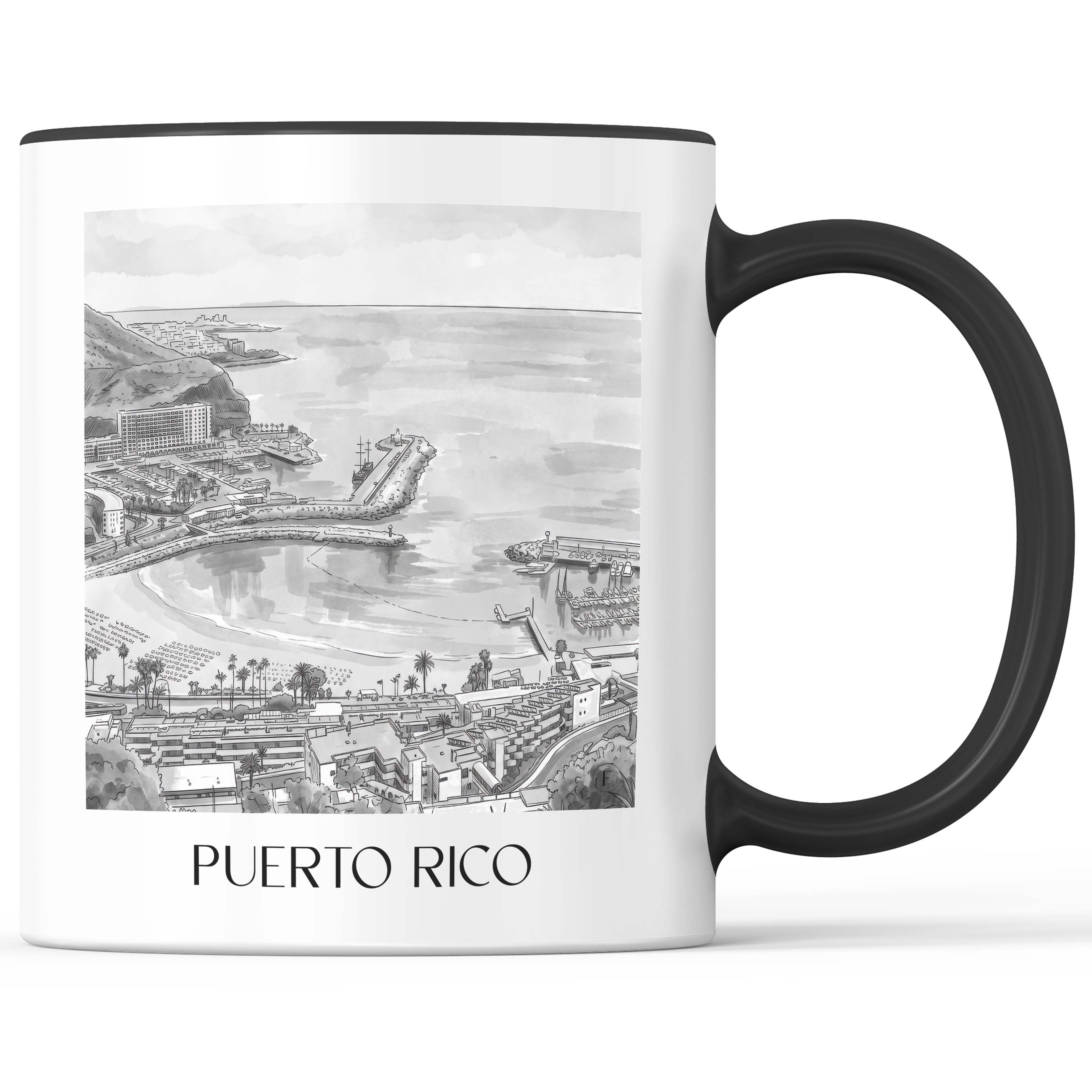 Puerto Rico Kaffeebecher - Gran Canaria - USA und Spanien Becher - Kaffeetasse im Aquarell Schwarz-Weiß Stil - favplace