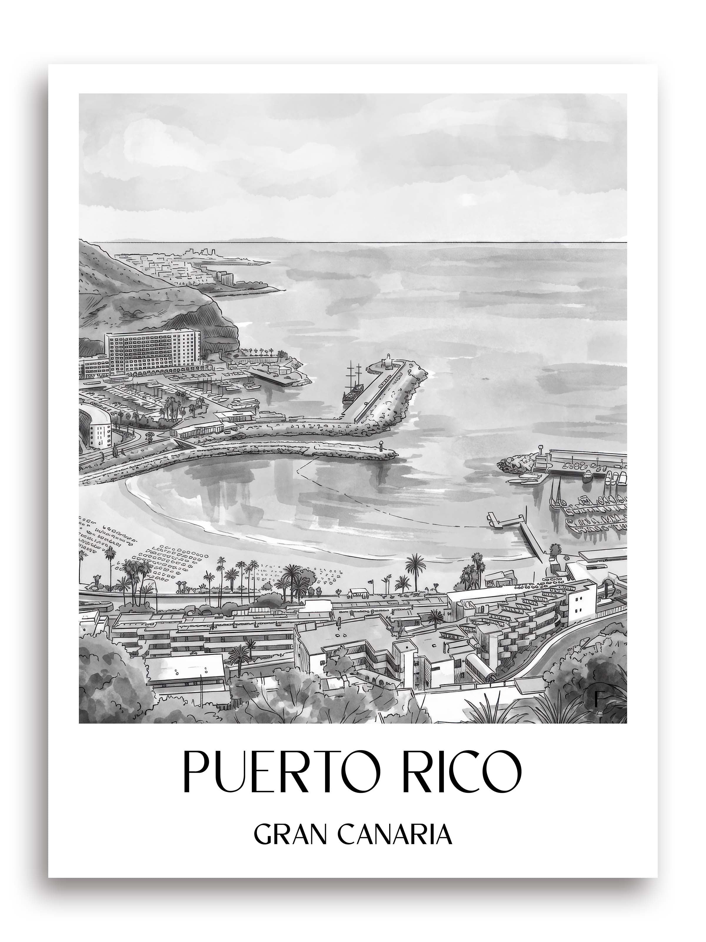 Puerto Rico Poster - Gran Canaria - Puerto Rico und Spanien Kunstdruck - Aquarell Schwarz-Weiß von A4 bis A1 - favplace