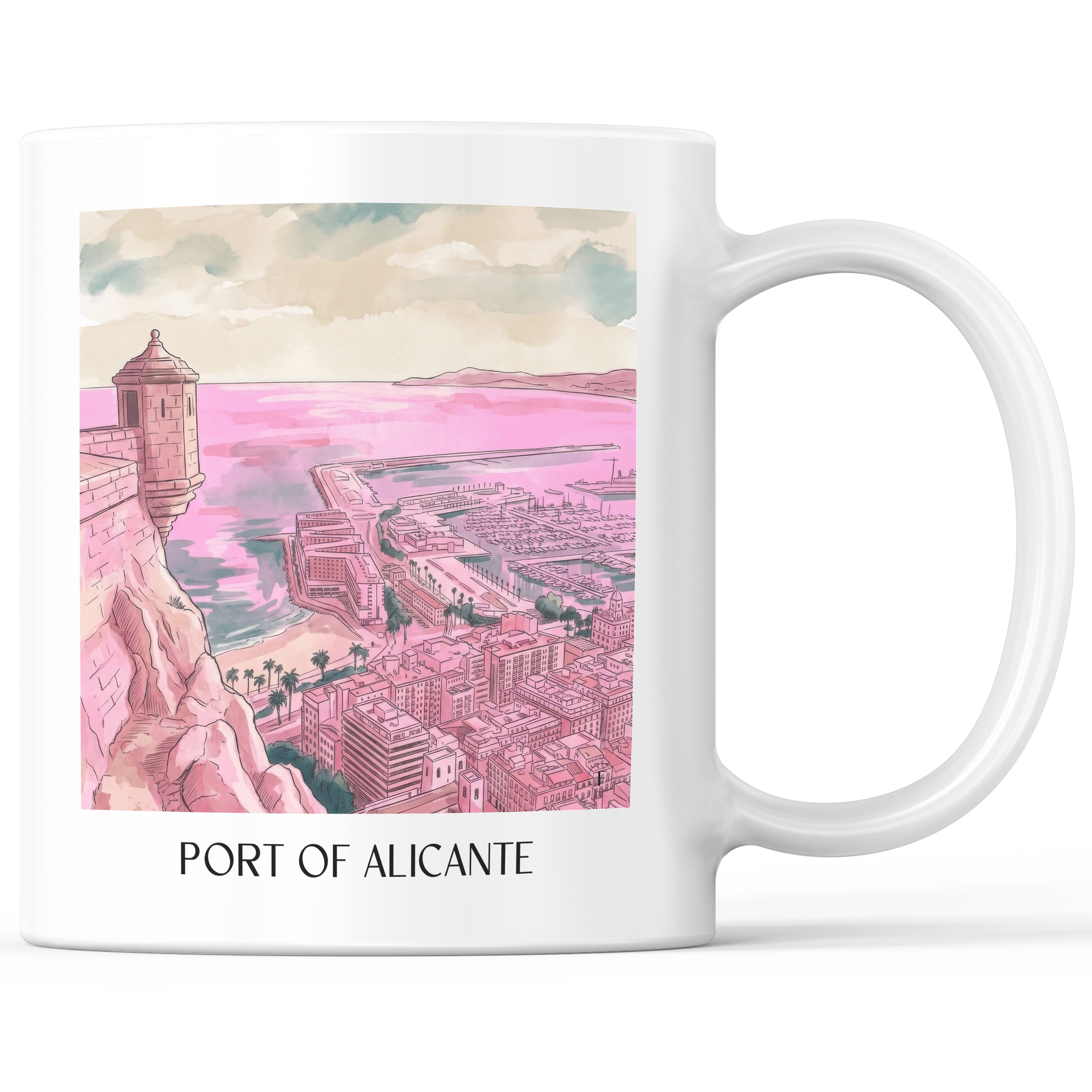Puerto de Alicante Kaffeebecher - Spanien - Spanien Becher - Kaffeetasse im Aquarell Pink Stil - favplace