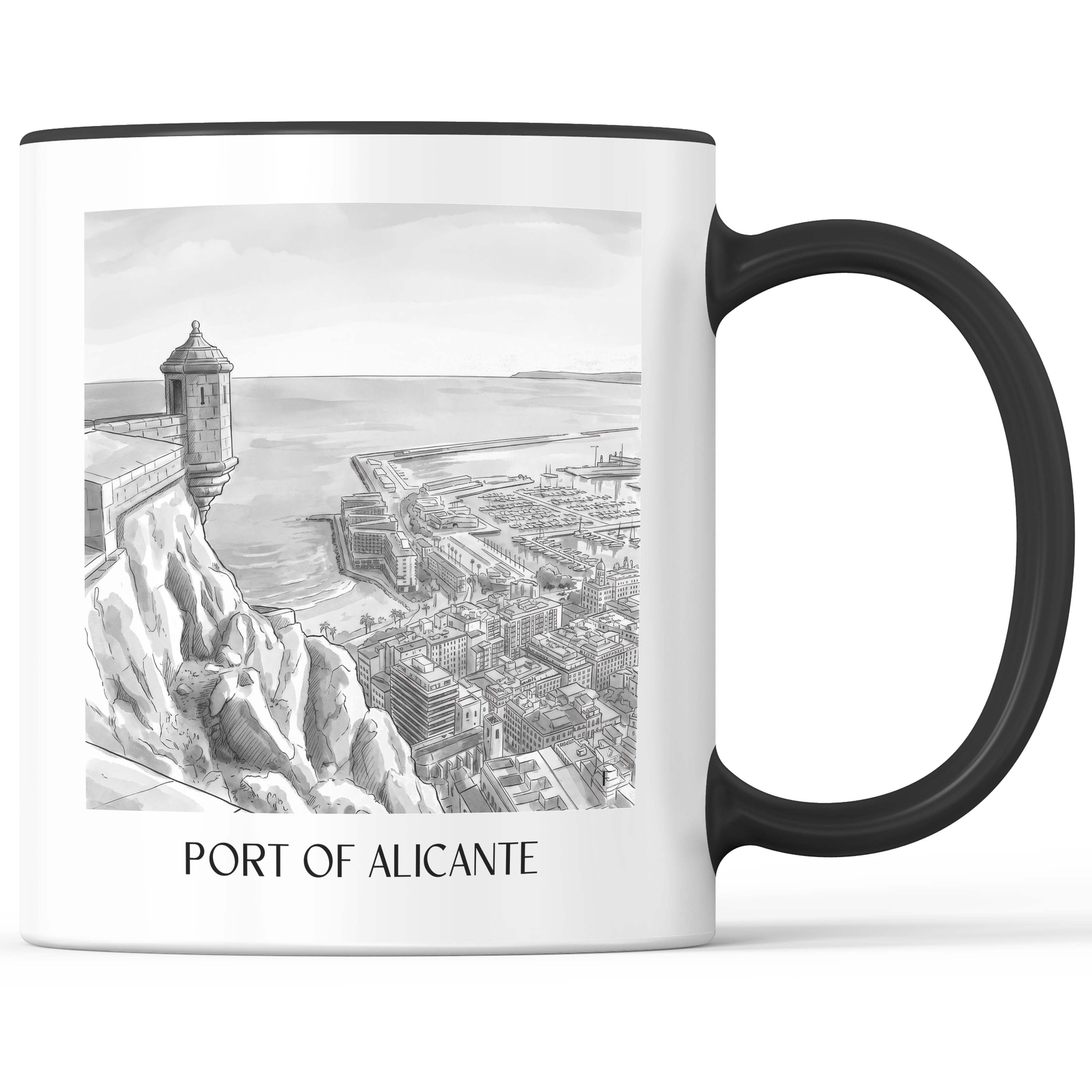 Puerto de Alicante Kaffeebecher - Spanien - Spanien Becher - Kaffeetasse im Aquarell Schwarz-Weiß Stil - favplace