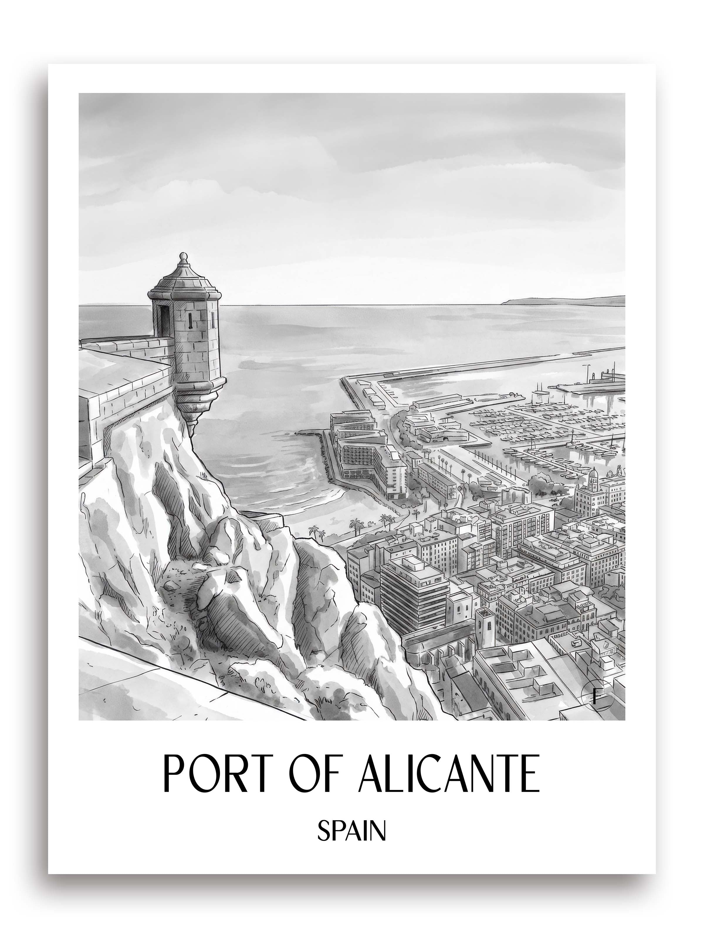 Puerto de Alicante Poster - Spanien - Spanien Kunstdruck - Aquarell Schwarz-Weiß von A4 bis A1 - favplace