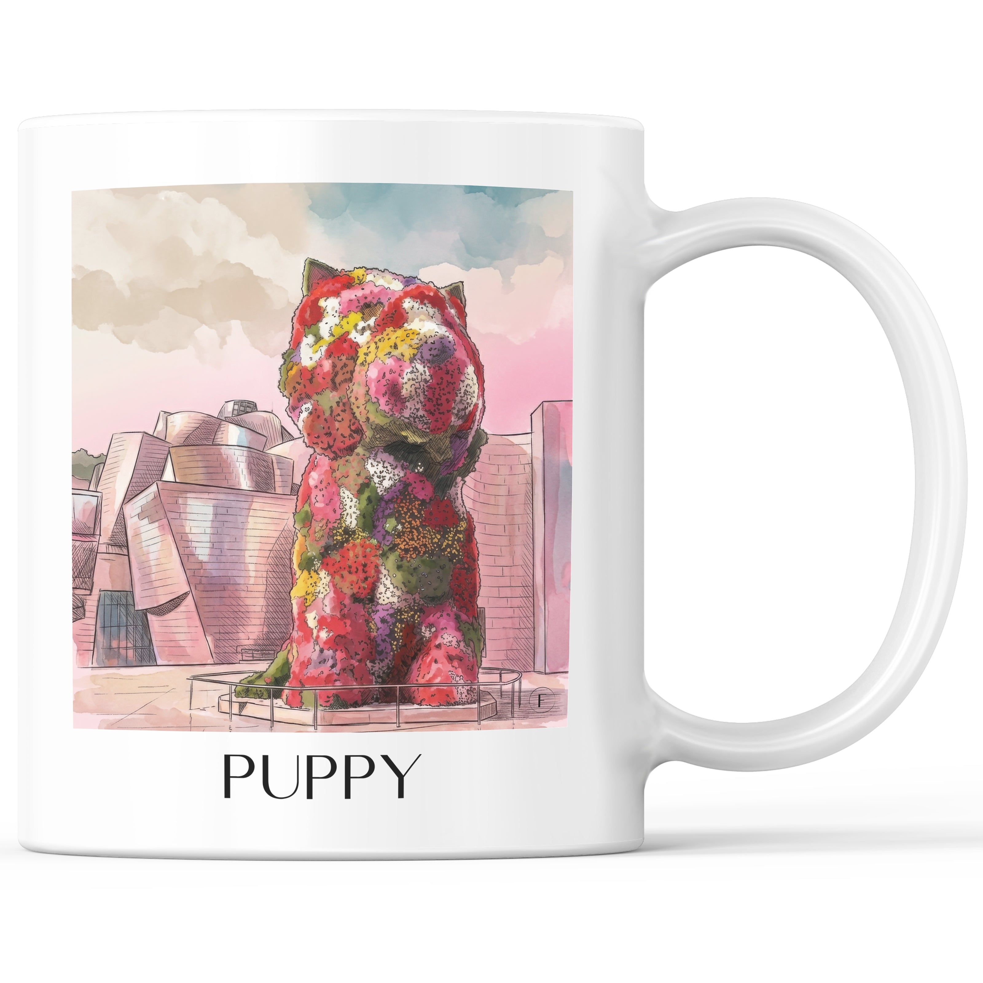Puppy Kaffeebecher - Bilbao - Spanien Becher - Kaffeetasse im Aquarell Pink Stil - favplace