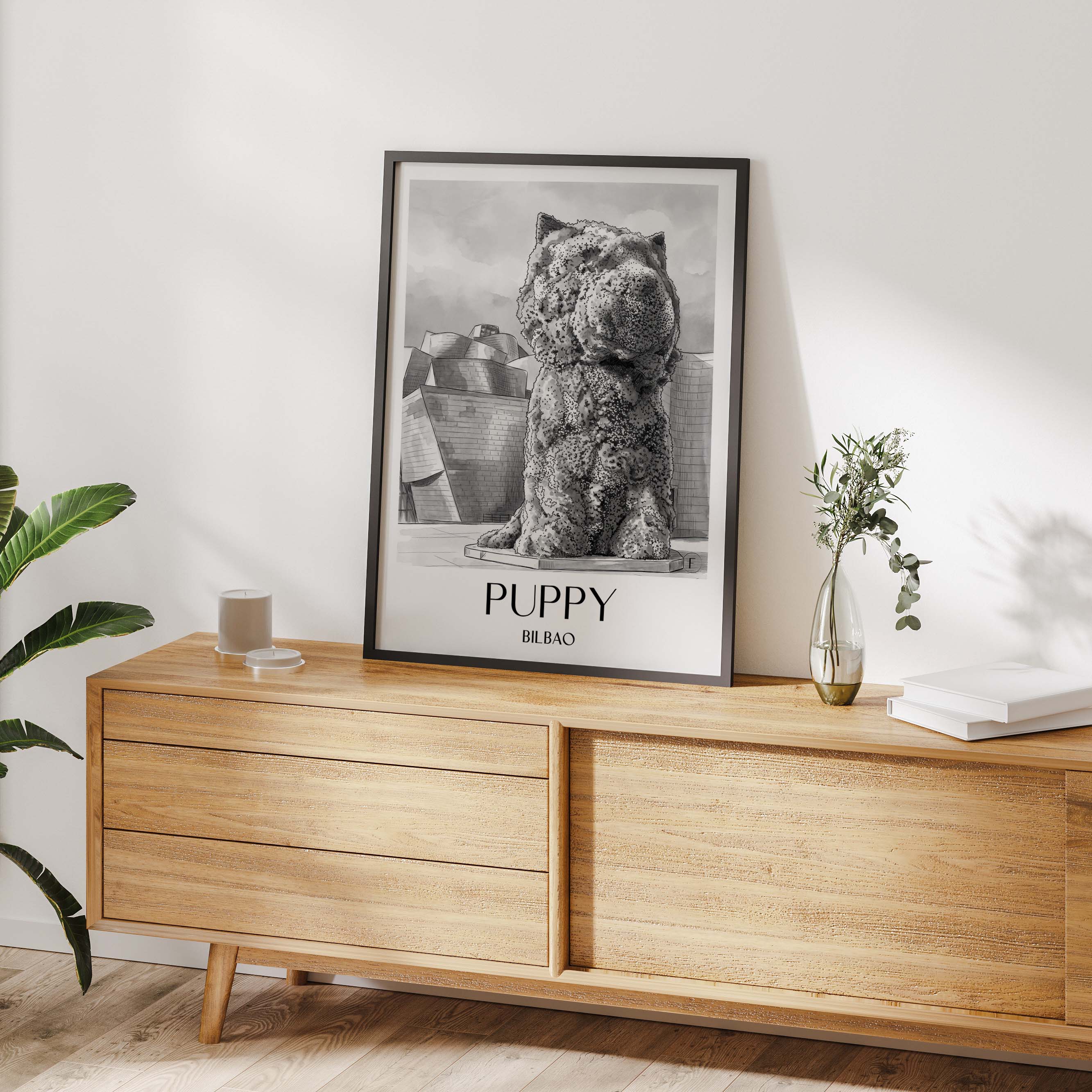 puppy-bilbao-spanien-poster-aquarell-schwarz-weiss